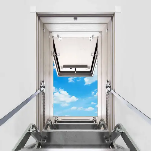 Dolle Flachdachausstieg clickFIX® vario Aluminium-Scherentreppe 120 x 60 cm 1 Zwischenrahmen 239 – 266 cm Raumhöhe Dolle Flachdachausstieg clickFIX® vario Aluminium-Scherentreppe 120 x 60 cm 1 Zwischenrahmen 239 – 266 cm Raumhöhe