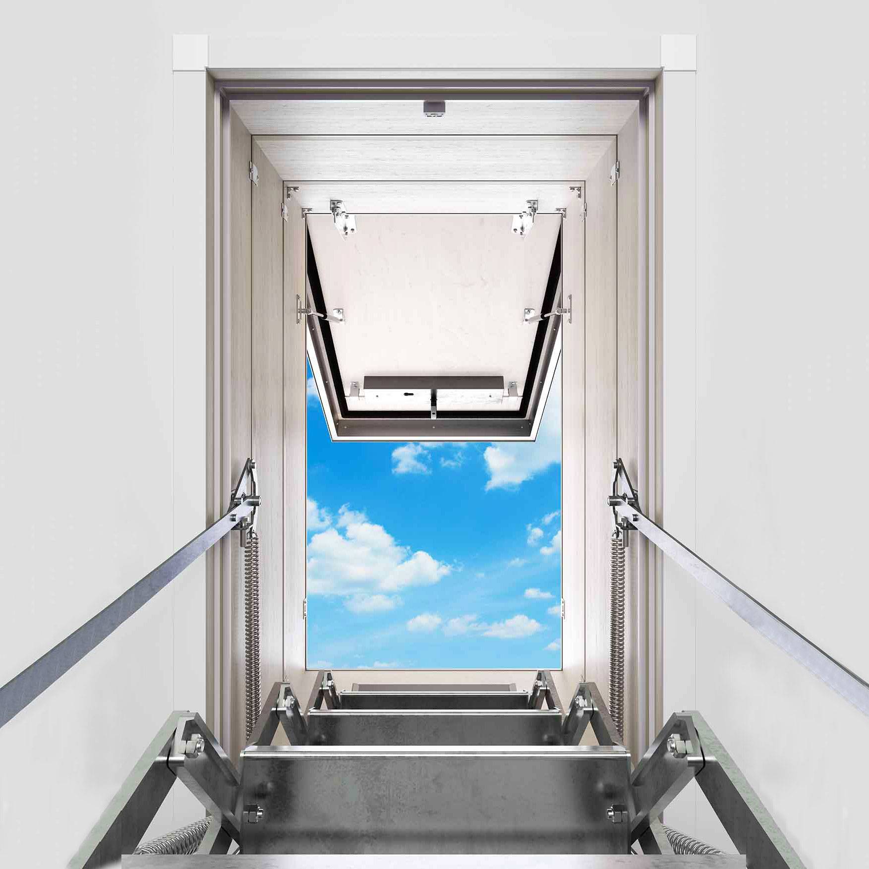 Dolle Flachdachausstieg clickFIX® vario Aluminium-Scherentreppe 120 x 60 cm 3 Zwischenrahmen 347 – 386 cm Raumhöhe