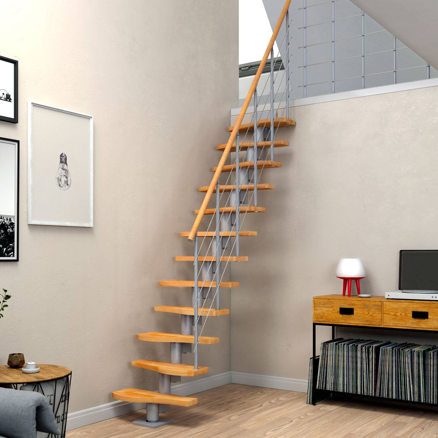 Dolle Mittelholmtreppe Basel Eiche, lackiert 64 cm breit für Geschosshöhen 258 – 315 cm UK Metall Perlgrau inkl. einseitigem Designgeländer