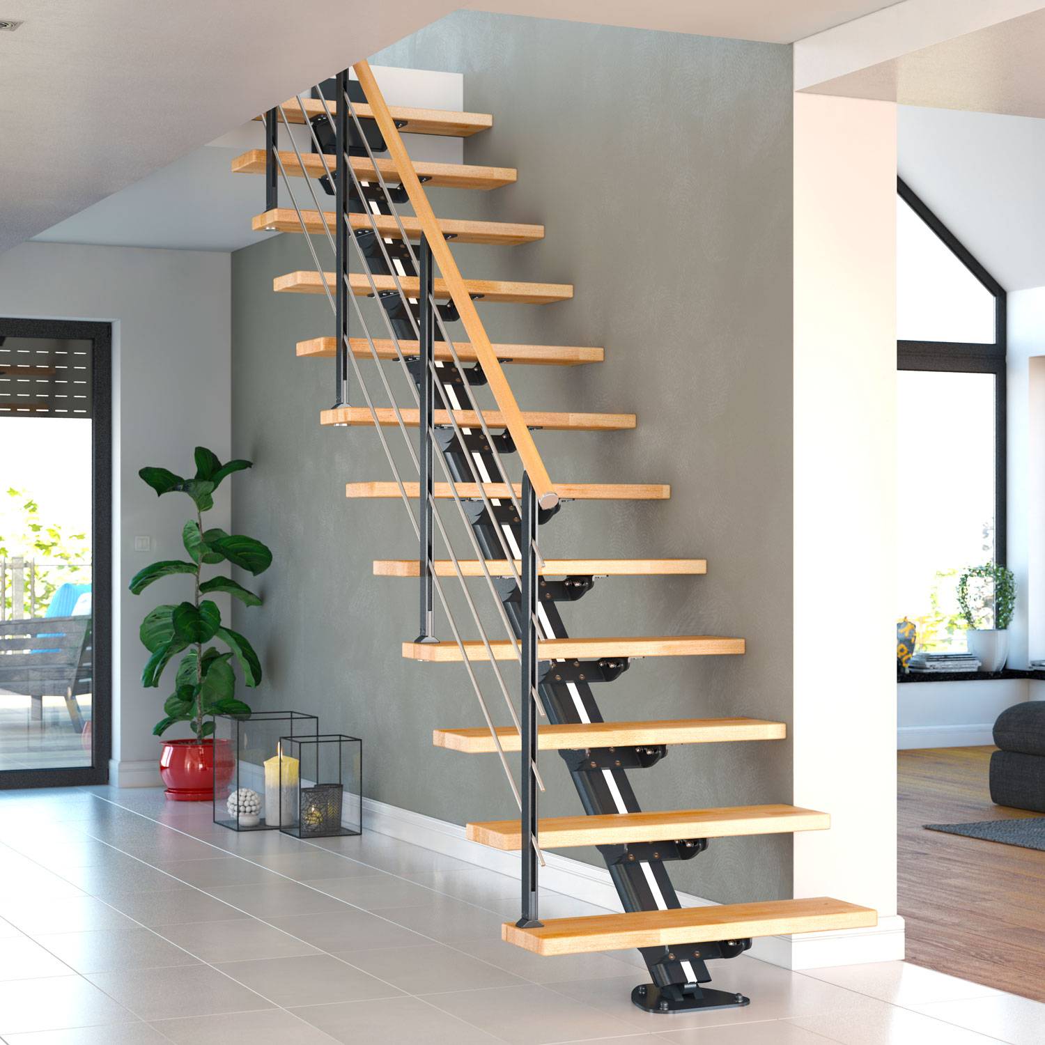 Dolle Mittelholmtreppe Sydney in Buche, geölt 75 cm breit Gerade für Geschosshöhen 240 – 292 cm UK Metall Anthrazit mit einseitigem Designgeländ