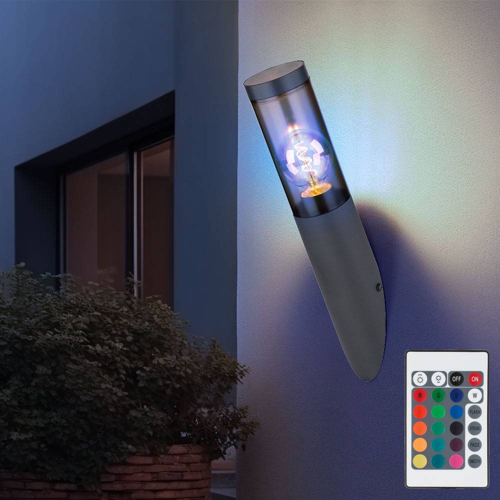 Außenwandlampe Wandleuchte Edelstahl Wandleuchte Fackel Aussen Gartenlampe, anthrazit rauch, Fernbedienung dimmbar, RGB LED 8,5W 806Lm warmweiß, DxH