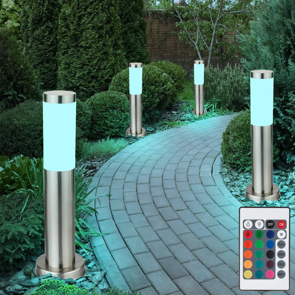 4x Außen Stehlampen Garten Wegelampe Edelstahl Sockelleuchte Farbwechsler Gartenlampe Stehleuchte, E27 RGB LED, 45x7,6cm