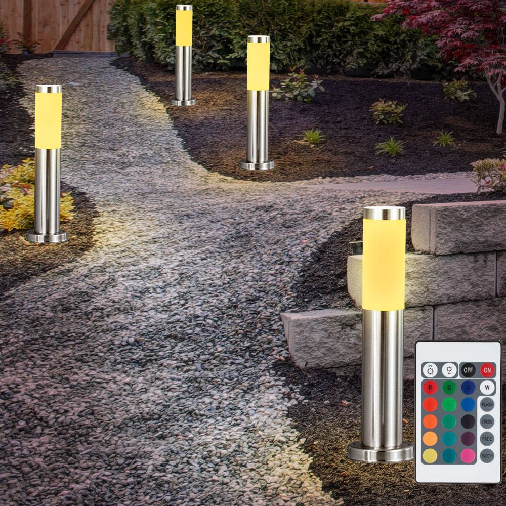4x Außen Stehlampen Garten Wegelampe Edelstahl Sockelleuchte Farbwechsler Gartenlampe Stehleuchte, E27 RGB LED, 45x7,6cm