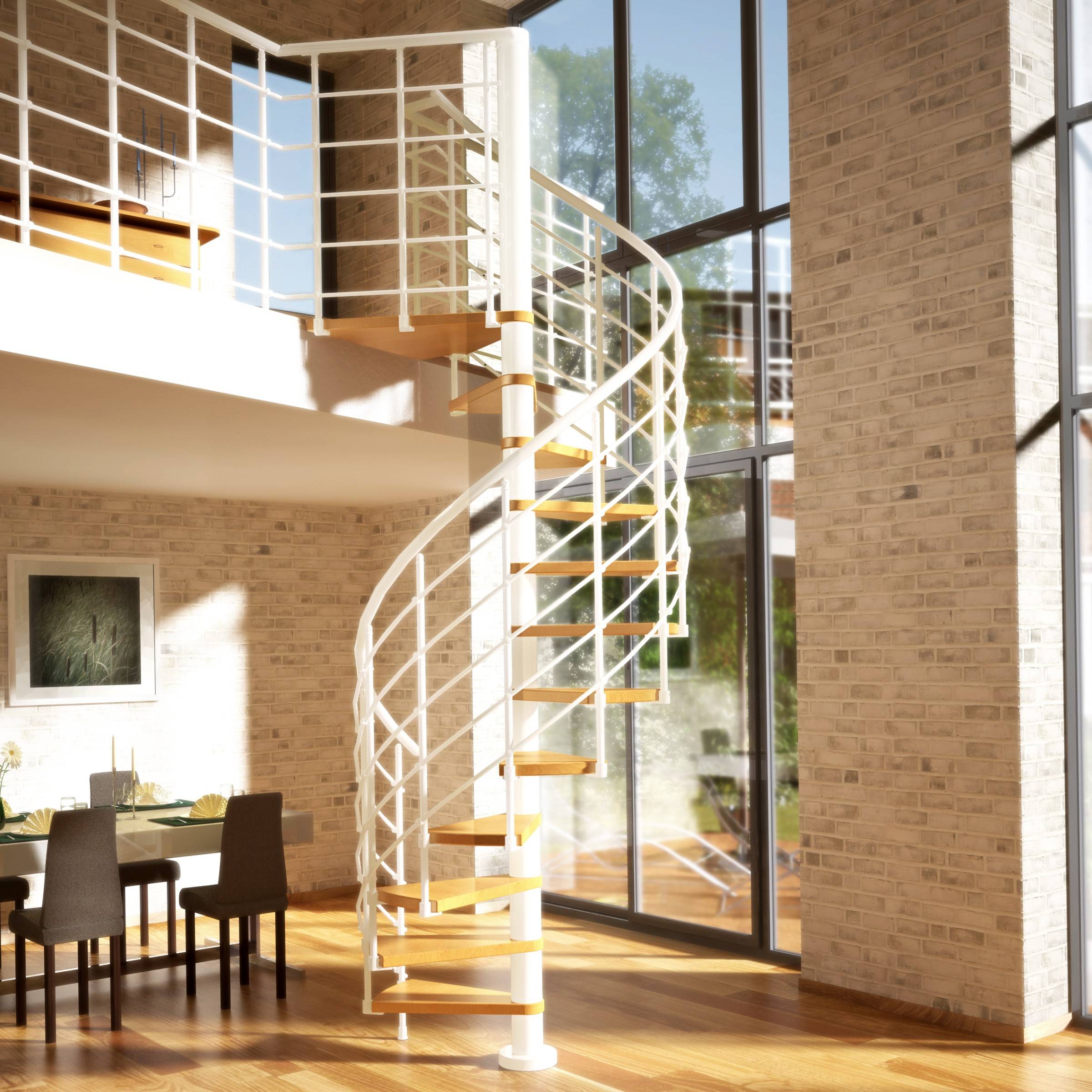 Dolle Spindeltreppe Oslo Ø160cm mit 336-368cm Geschosshöhe 15 Stufen Buche lackiert Geländer weiß, mitlaufende Kunststoffstäbe