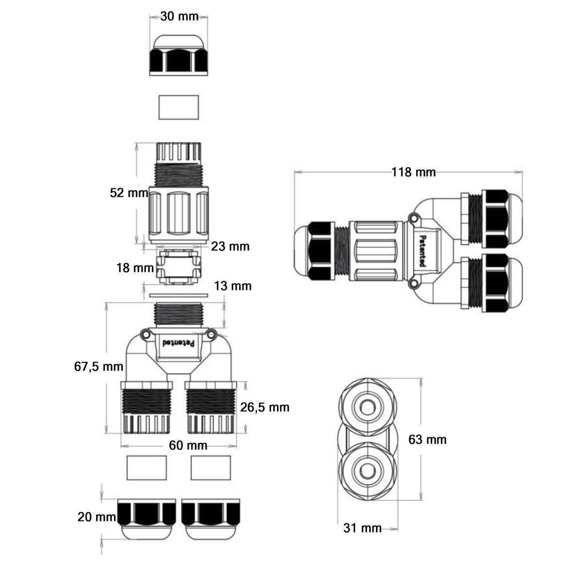 Kabelmuffe Abzweigdose Kabelverbinder IP68 Wasserdicht Erdkabel 4 Pin Leitung U-Form 3-Wege