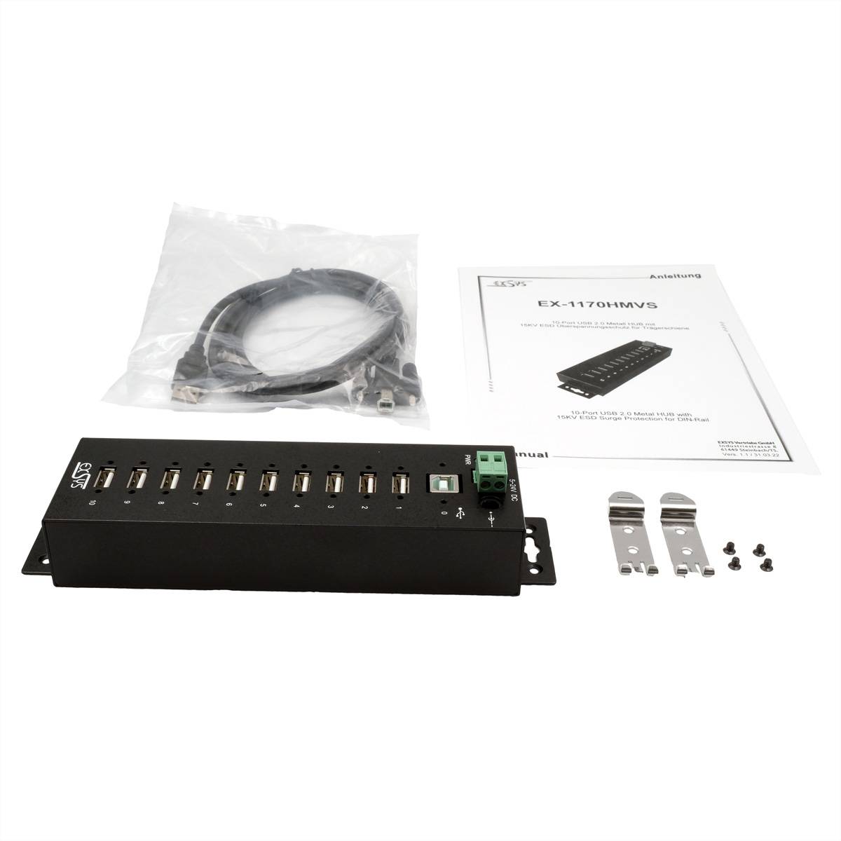 EXSYS EX-1170HMVS 10 Port USB 2.0 Metall HUB, 15KV Surge Protection