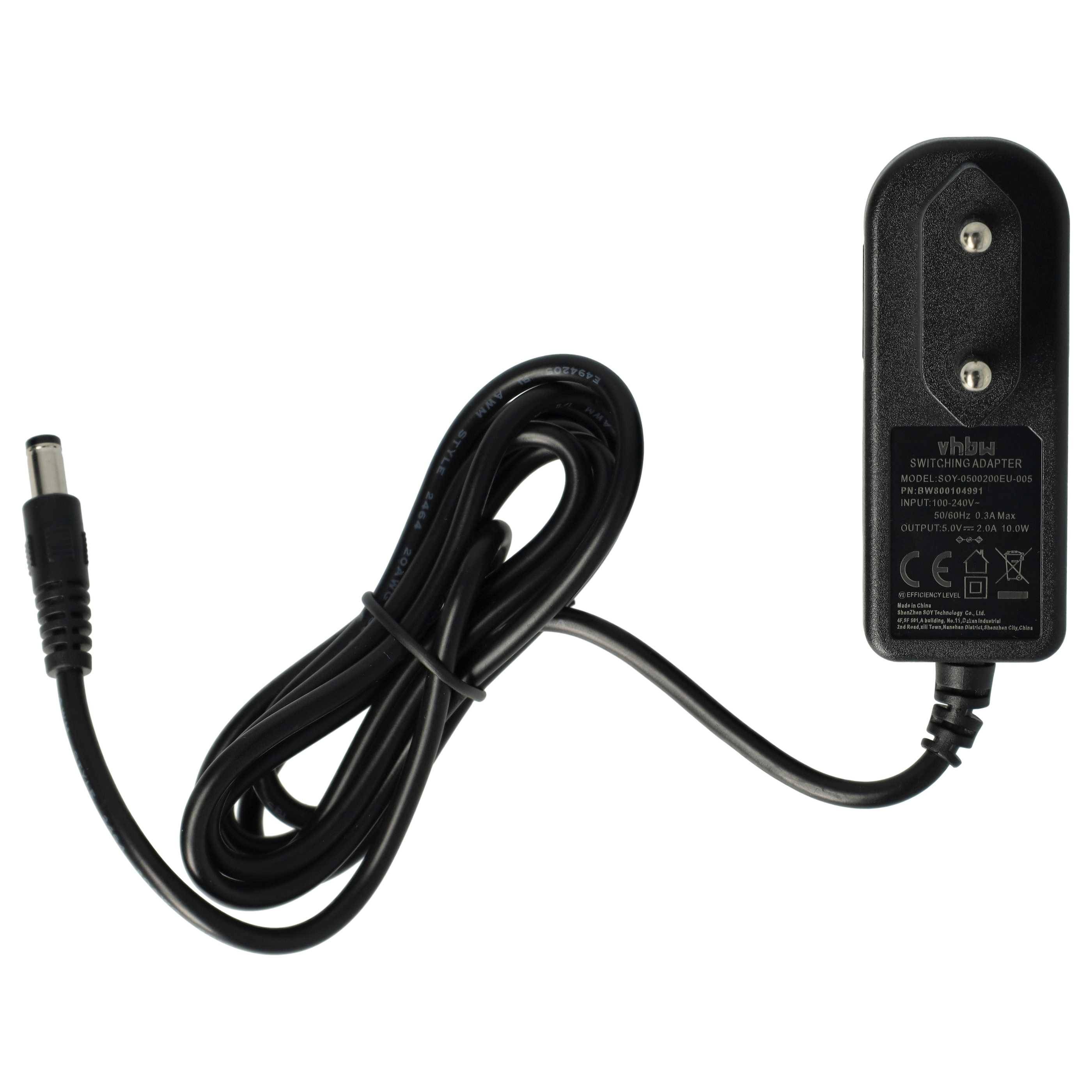 vhbw 220V Netzteil Ladegerät Ladekabel 10W (5V/2A) mit Rundstecker kompatibel mit Laufwerke, Festplatten, Player, Akku, Ladestation, Trafos, Switch