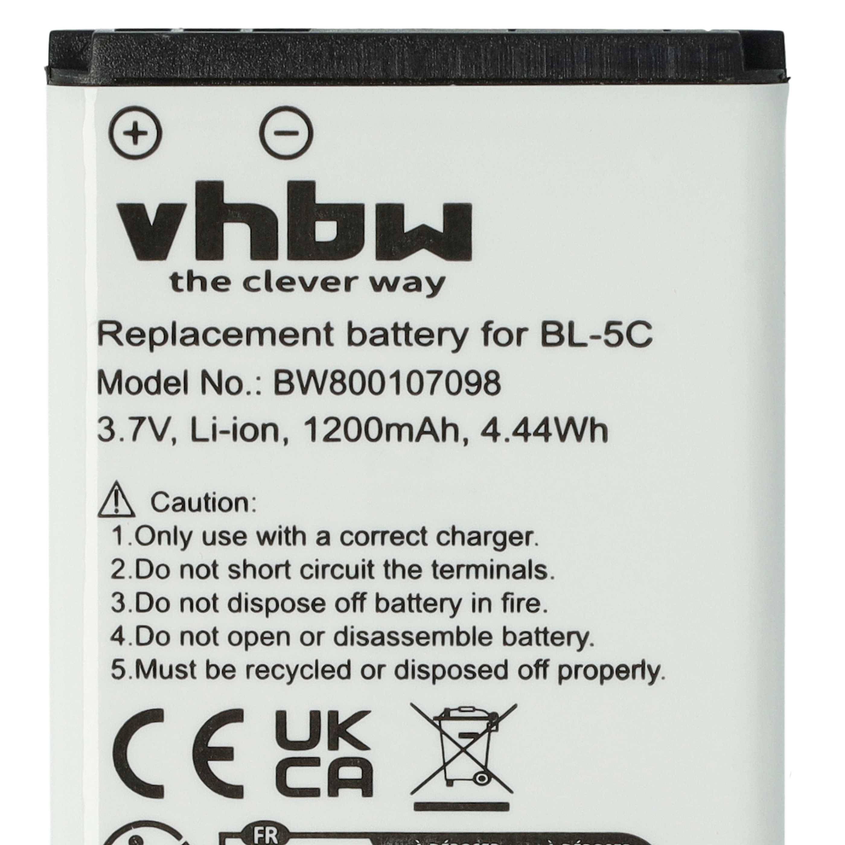 vhbw 5x Akku kompatibel mit Nokia 1800, 2310, 2300, 207, 208, 215, 220 Dual Sim, 1112, 1650, 1600 Handy Smartphone Telefon (1200 mAh, 3,7 V, Li-Ion)