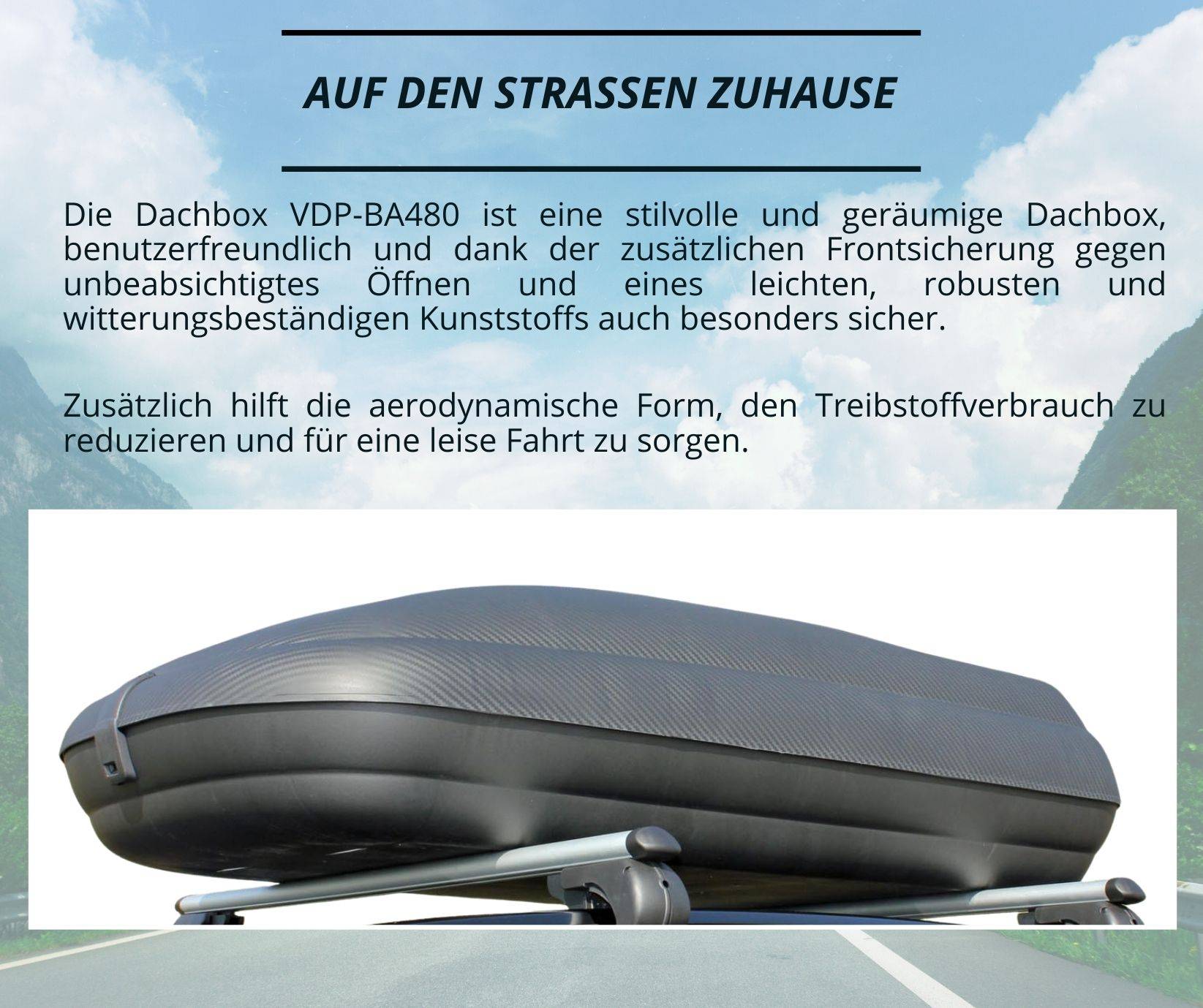 Dachbox VDP-BA480 - Dachkoffer mit 480 Liter Volumen - Autokoffer im Carbonlook - abschließbar dank Zentralverriegelung - Dachkoffer für Dachgepäck
