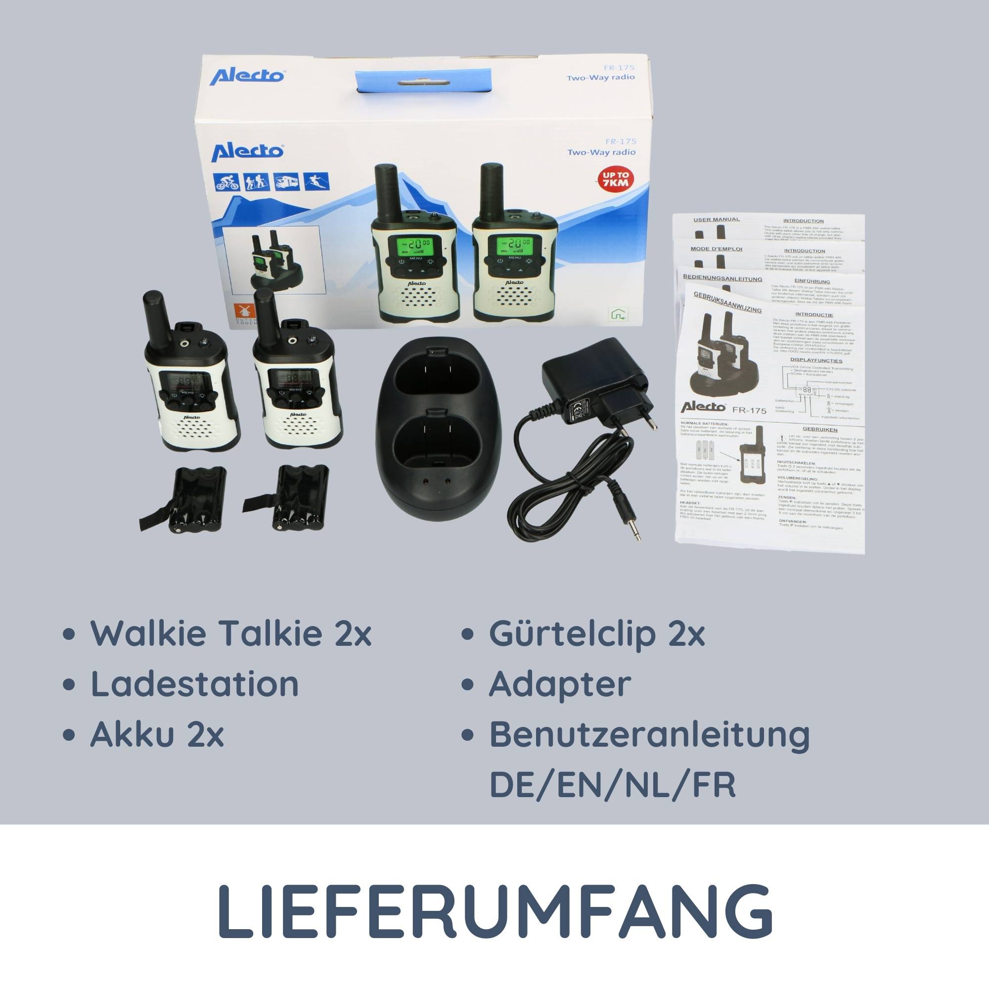 Alecto FR-175 - Set mit zwei Walkie Talkies, 7 km Reichweite, Weiß/Schwarz