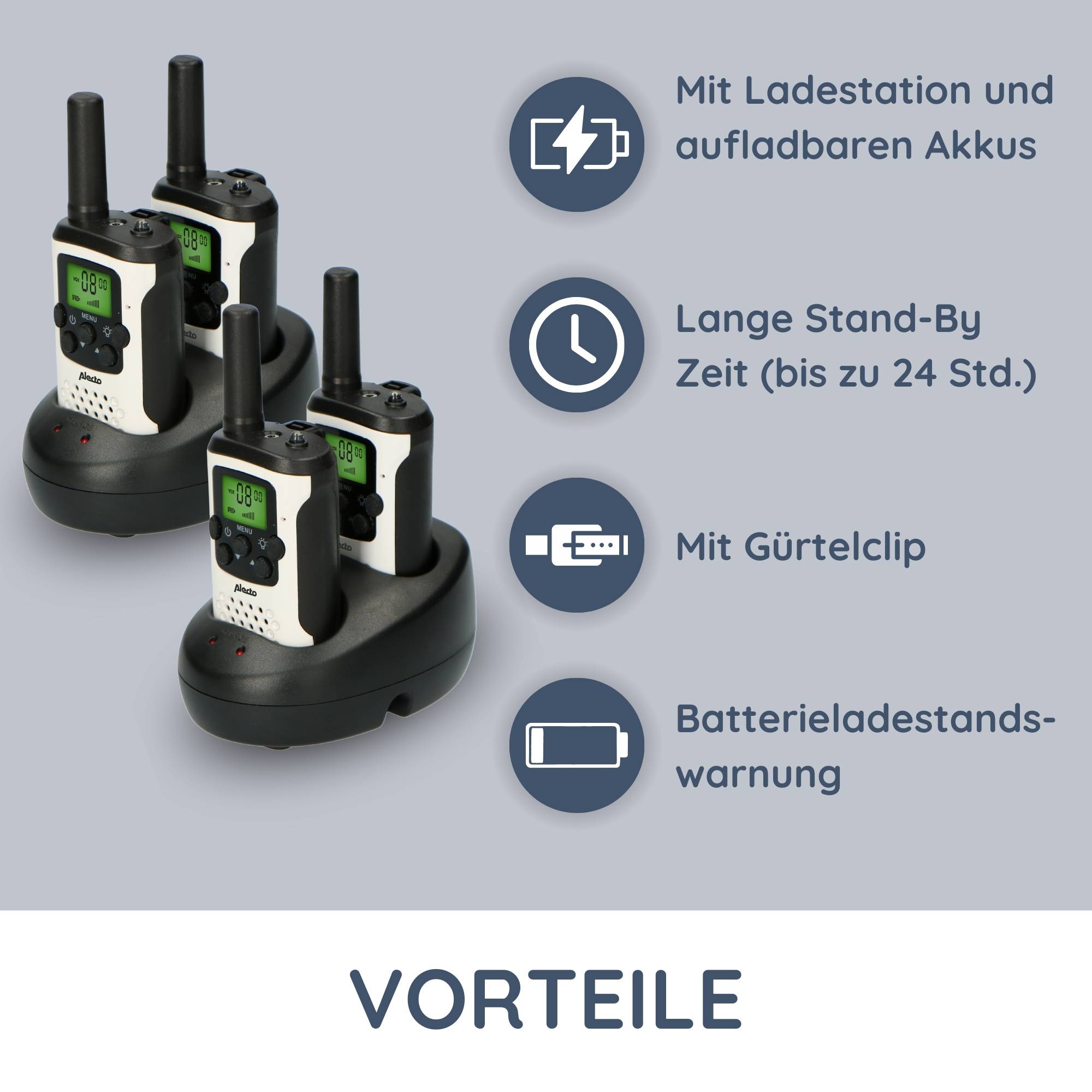 Alecto FR-175 QUADSET - Set von 4 Funkgeräten - Reichweite von bis zu 7 Kilometern, weiß/schwarz