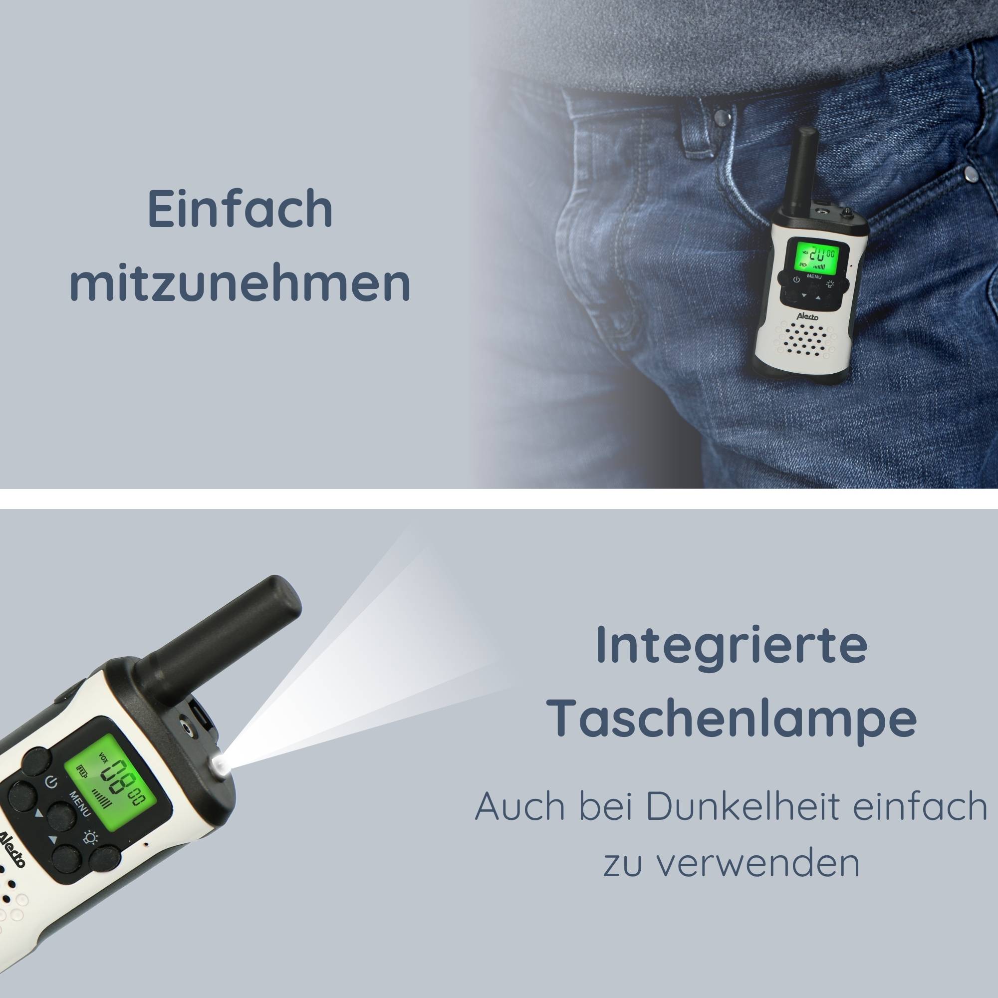Alecto FR-175 - Set mit zwei Walkie Talkies, 7 km Reichweite, Weiß/Schwarz