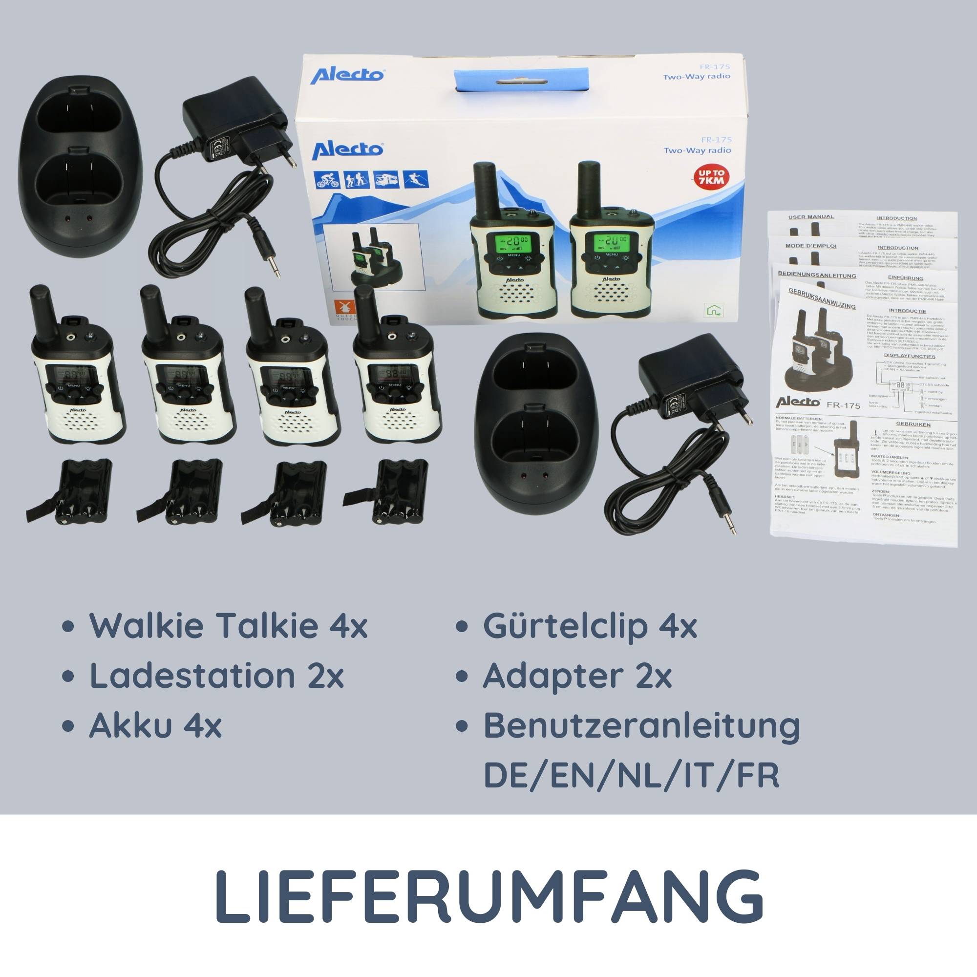 Alecto FR-175 QUADSET - Set von 4 Funkgeräten - Reichweite von bis zu 7 Kilometern, weiß/schwarz