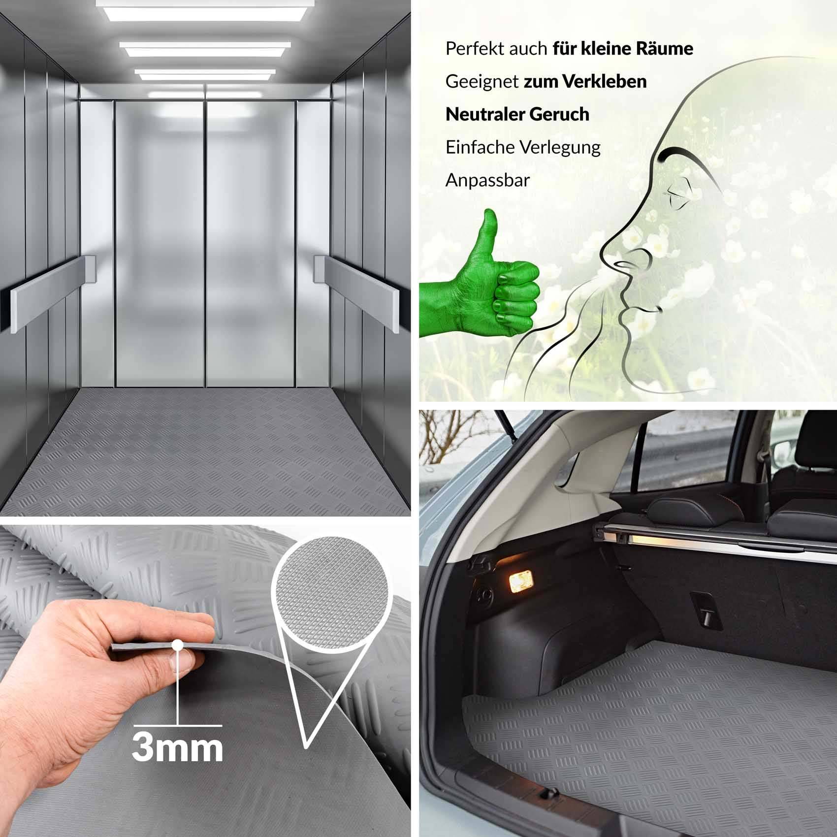 Gummi Antirutsch Premium TPE Geruchsarm Bodenbelag Riffelblechoptik Grau 3mm Stark 100 cm Breite 260 cm Länge