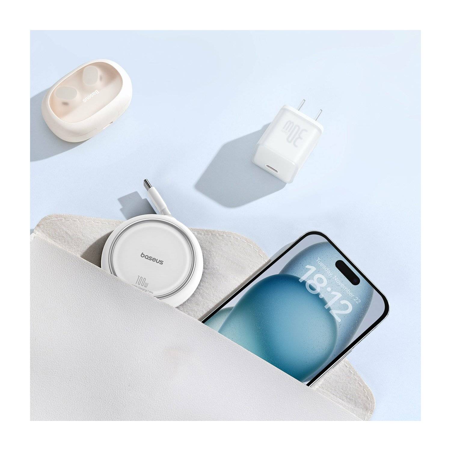 Baseus Free2Draw Mini USB-C – USB-C 100 W 1 m einziehbares Kabel Weiß