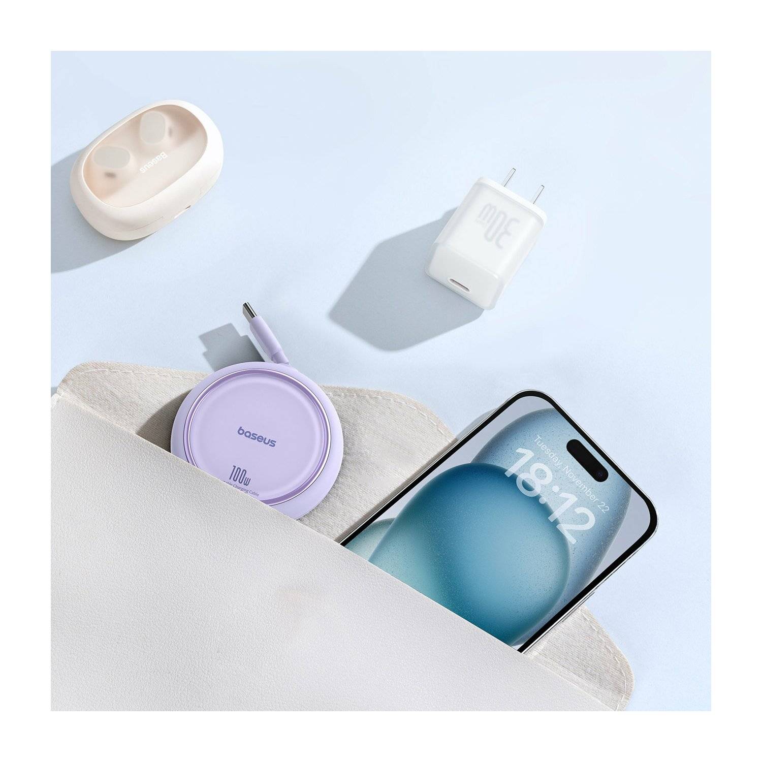 Baseus Free2Draw Mini USB-C – USB-C 100 W 1 m einziehbares Kabel Lila