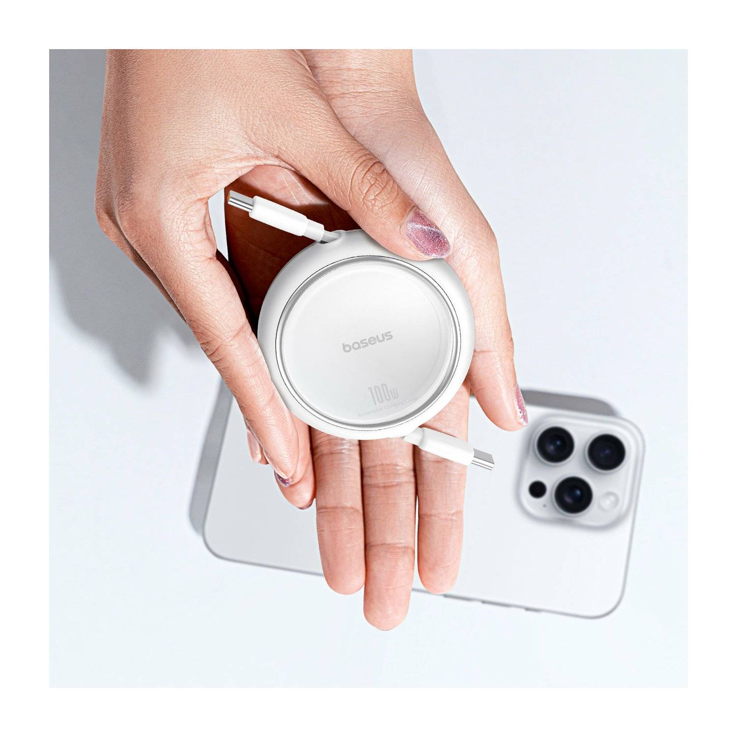 Baseus Free2Draw Mini USB-C – USB-C 100 W 1 m einziehbares Kabel Weiß