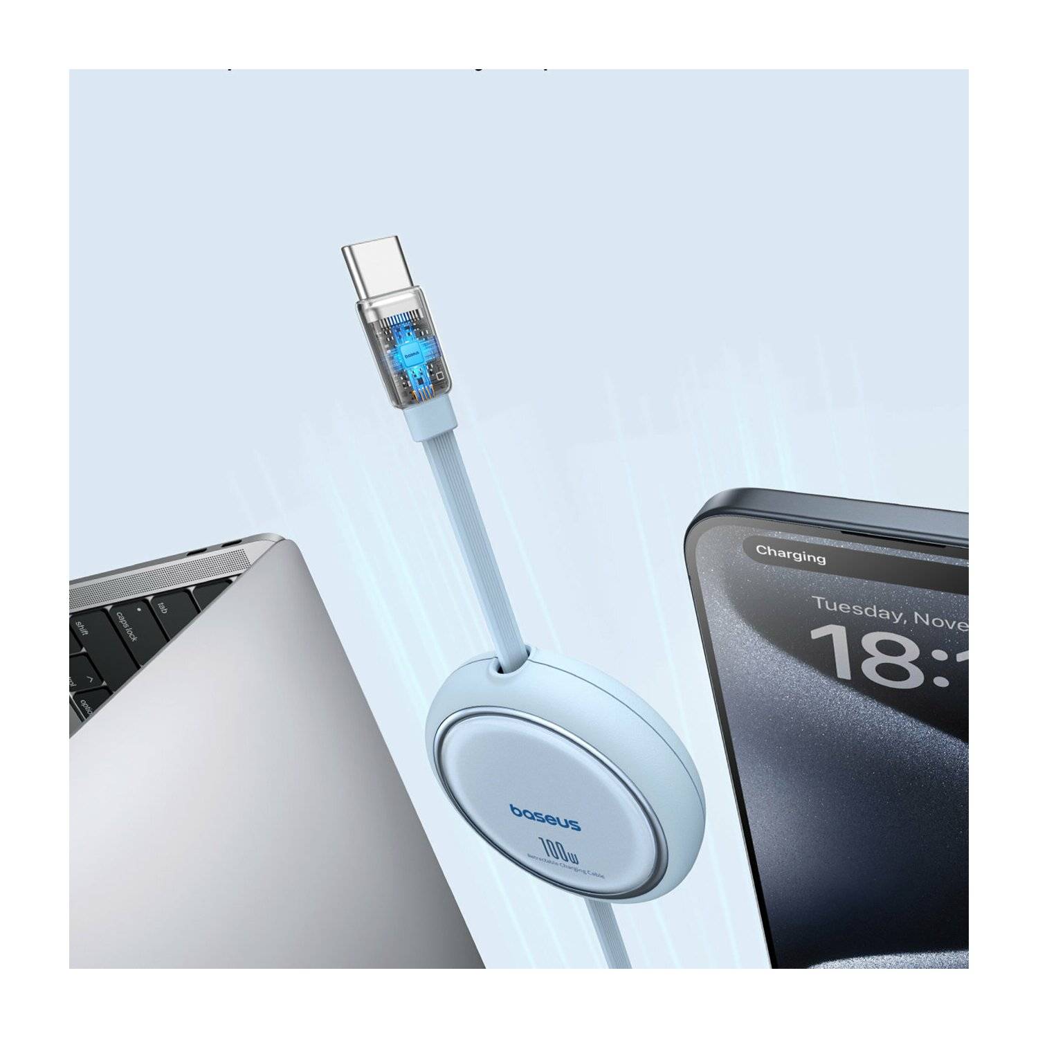 Baseus Free2Draw Mini USB-C – USB-C 100 W 1 m einziehbares Kabel Blau