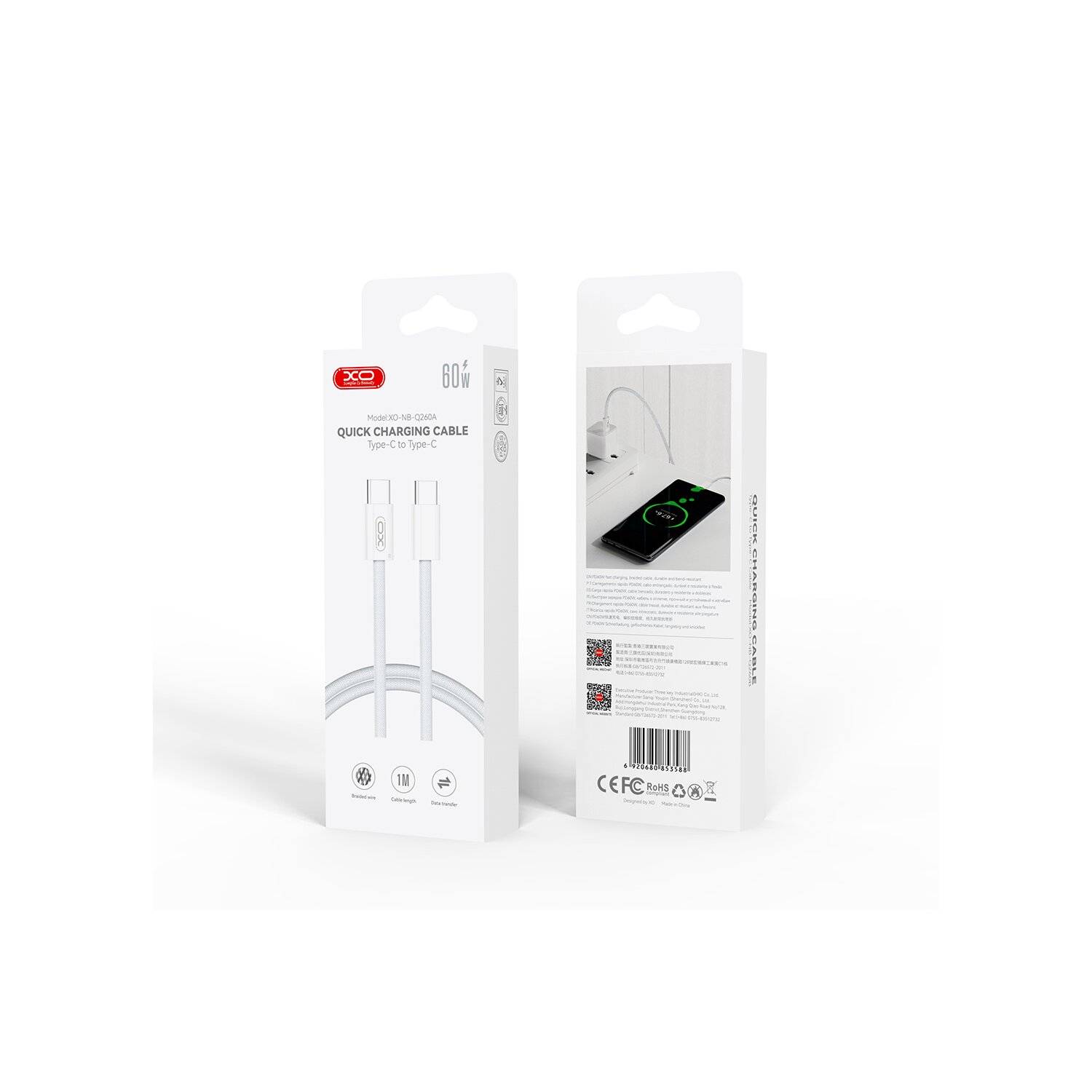 XO Ladekabel/Datenübertragung NB-Q260A PD USB-C - USB-C 1m Weiß 60W