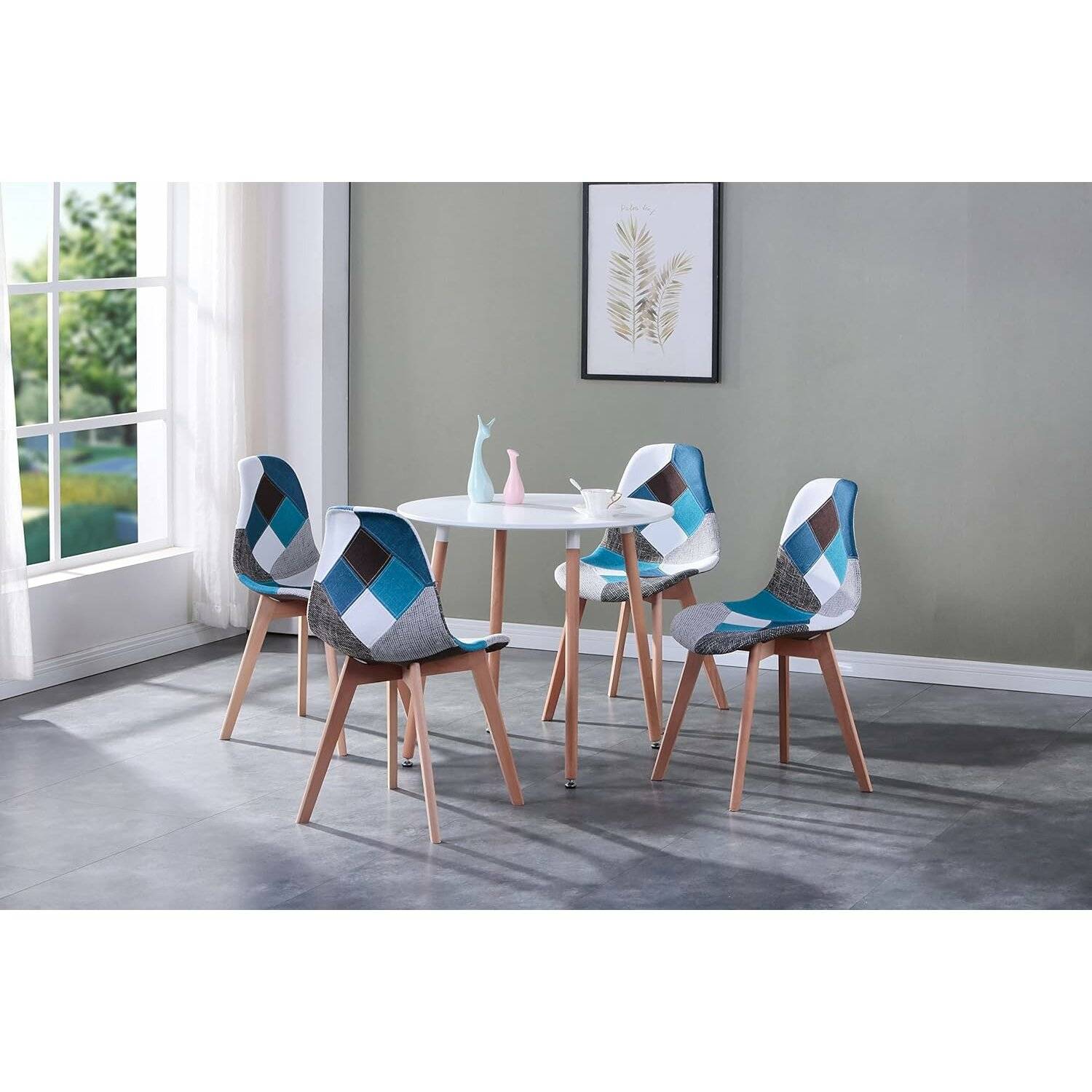 4 Esszimmerstühlen, Mehrfarbiger Patchwork-Esszimmerstuhl, Stoffstuhl mit Massivholzbeinen für Esszimmer (Blau)