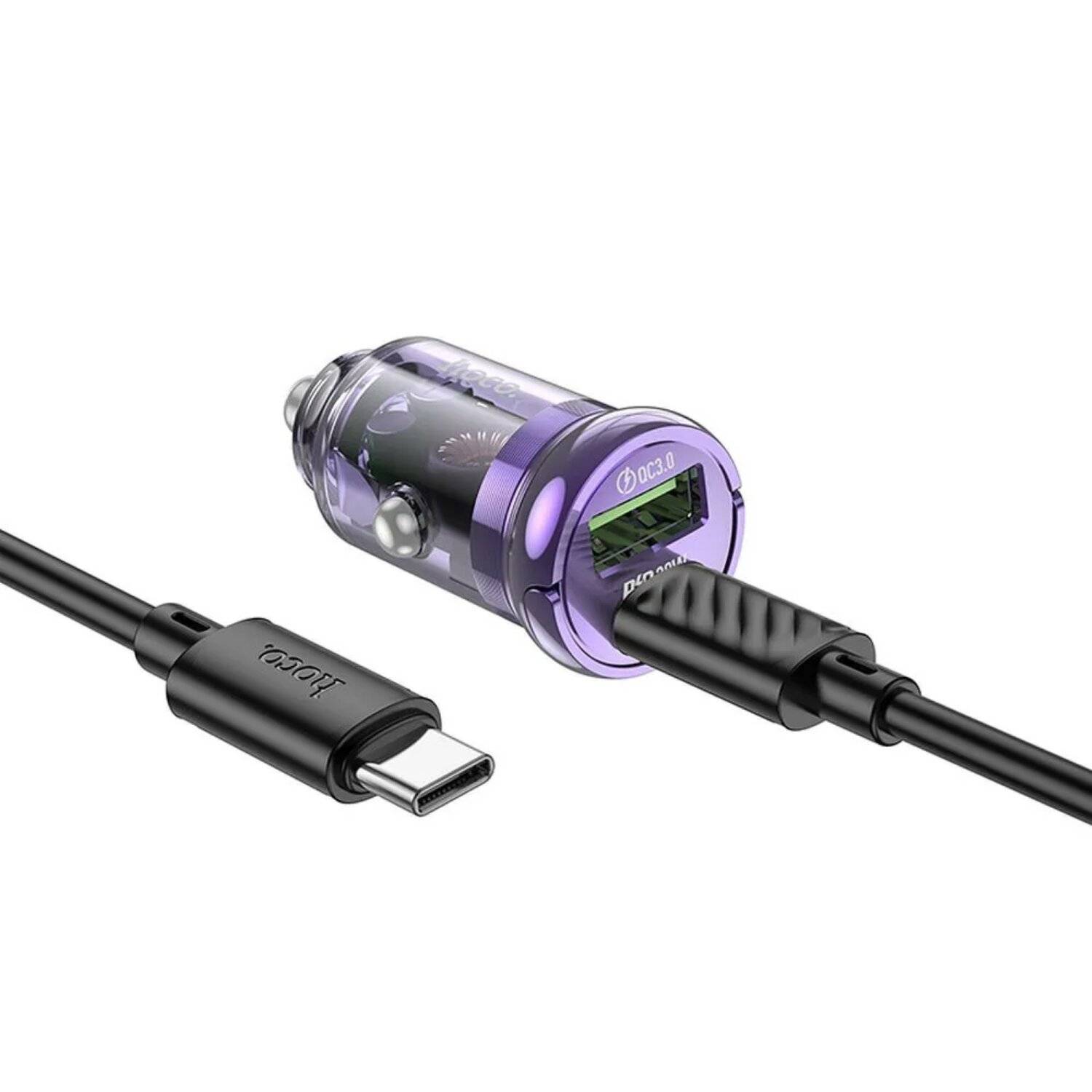 HOCO USB-Autoladegerät QC3.0 + Typ C + Kabel Typ C auf Typ C PD 30W Z53A lila