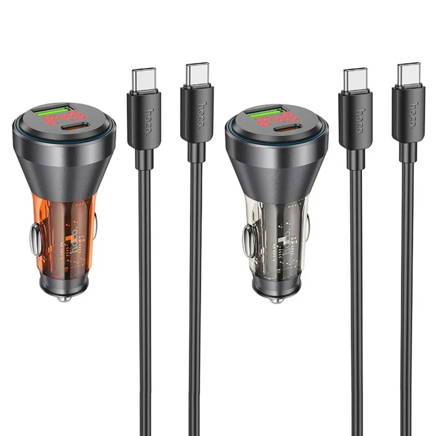 HOCO Autoladegerät USB QC 18W + Typ C 30W mit Display + Kabel Typ C auf Typ C PD48W Orange