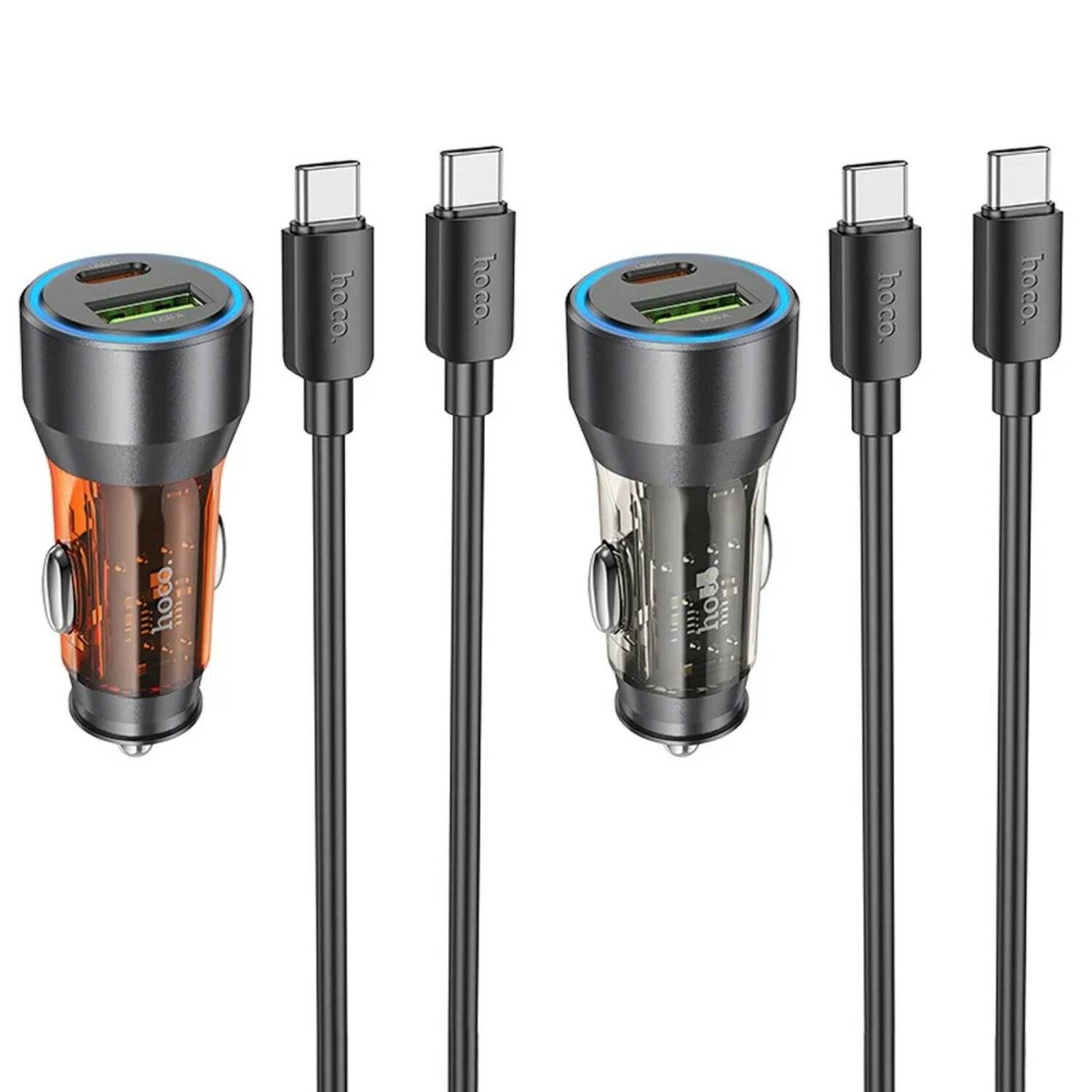 HOCO Autoladegerät USB QC 18W + Typ C 25W + Kabel Typ C auf Typ C PD43W NZ12A transparent orange