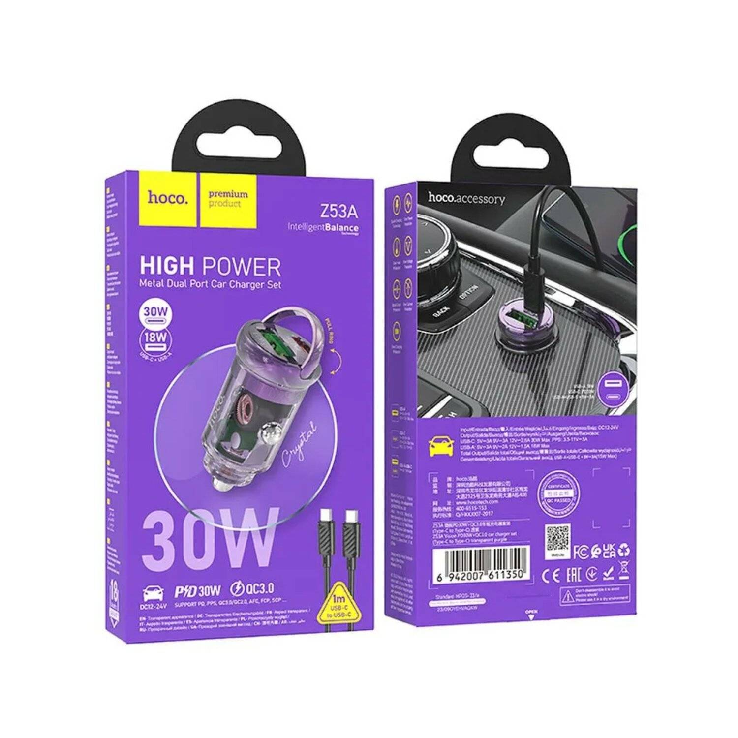 HOCO USB-Autoladegerät QC3.0 + Typ C + Kabel Typ C auf Typ C PD 30W Z53A lila