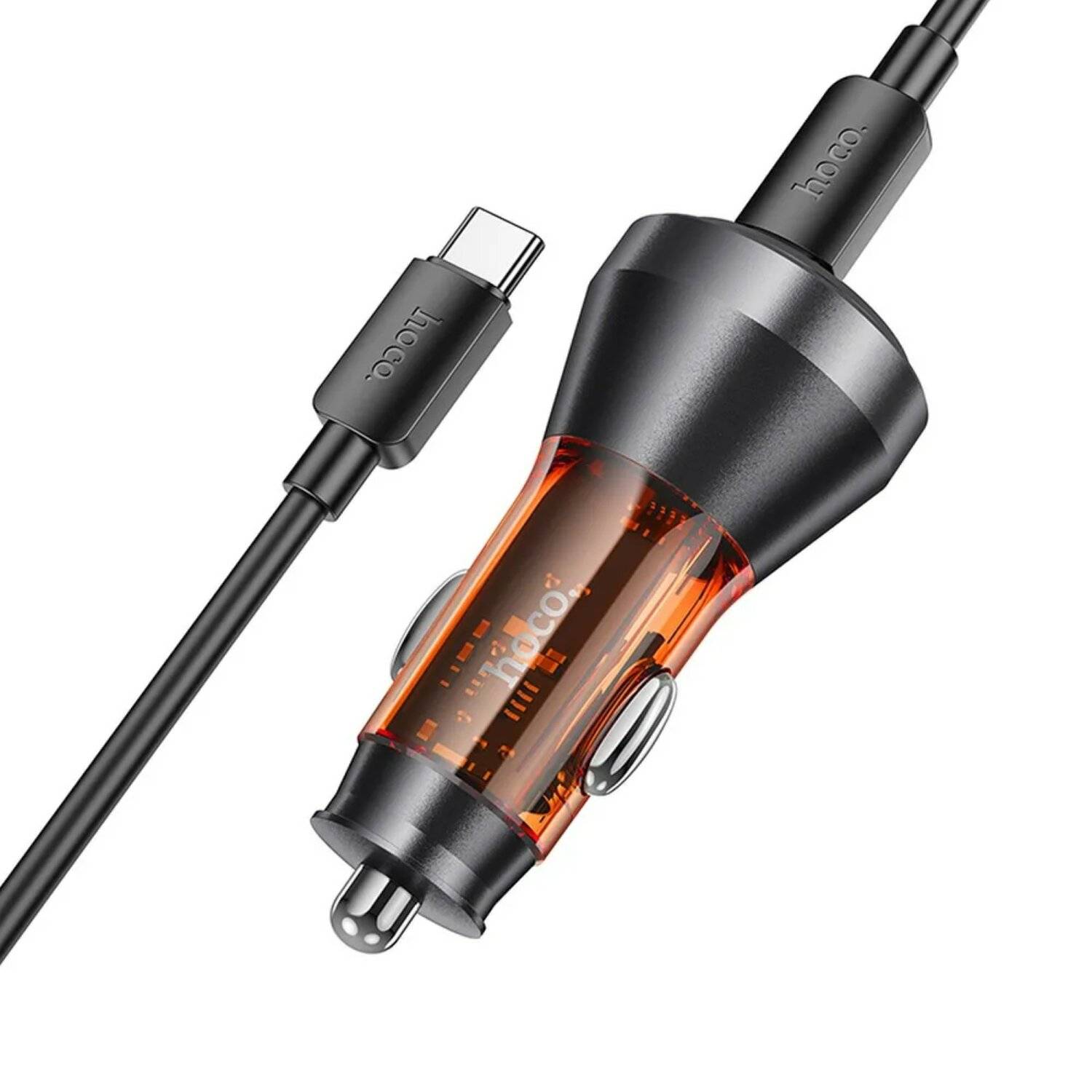 HOCO Autoladegerät USB QC 18W + Typ C 30W mit Display + Kabel Typ C auf Typ C PD48W Orange