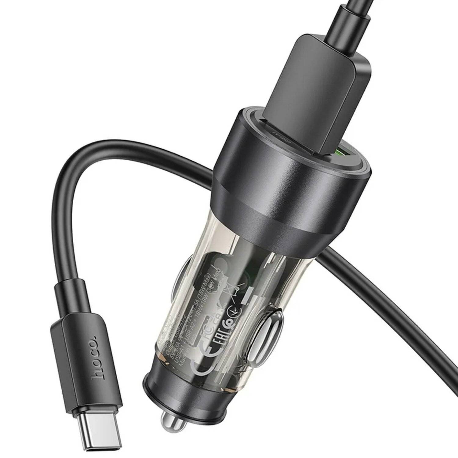 HOCO Autoladegerät 2 x USB QC3.0 18W + USB-Kabel auf Typ C NZ12 schwarz