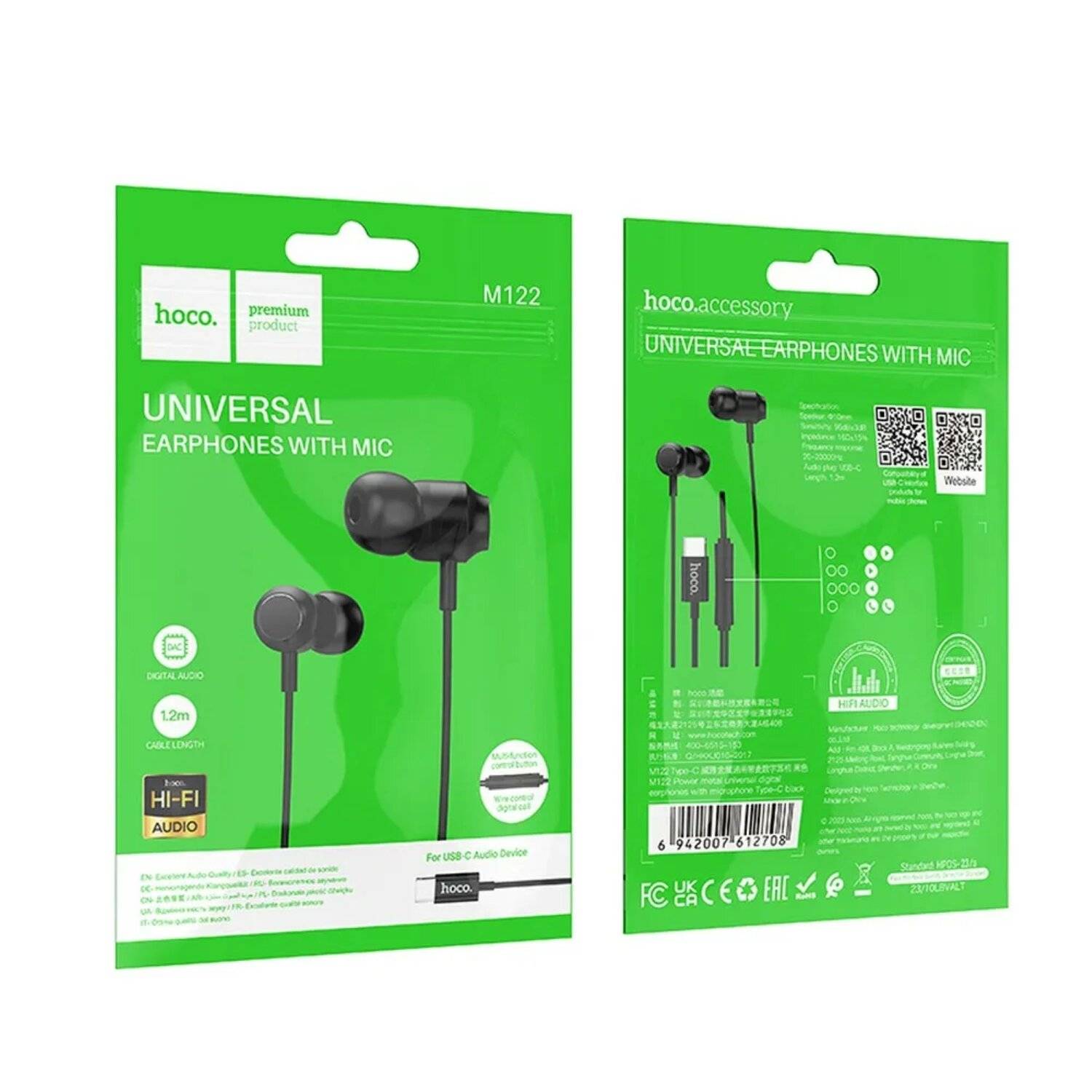 HOCO Headset / In-Ear-Kopfhörer USB Typ C mit M122 Power-Mikrofon 1,2m Schwarz