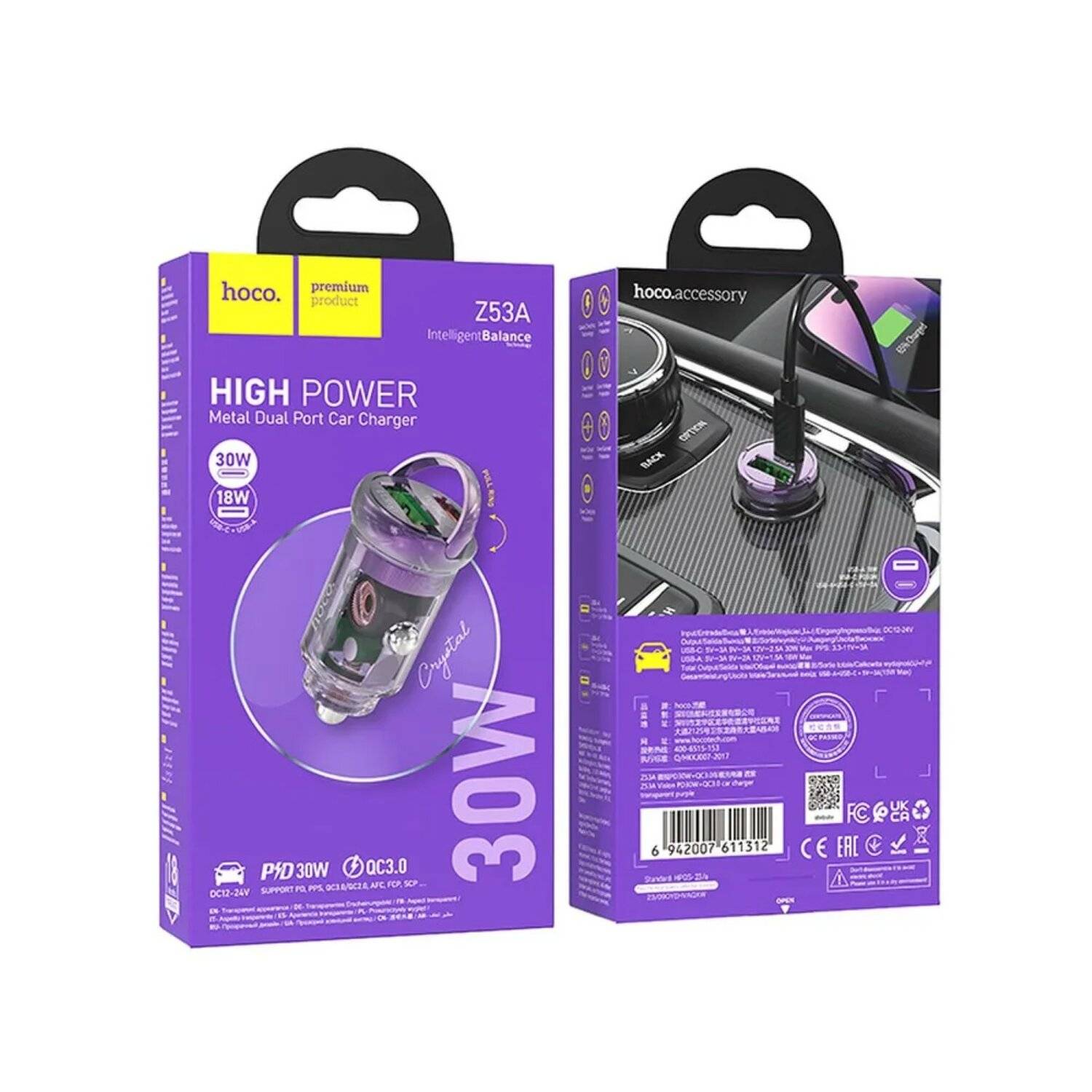 HOCO Autoladegerät Typ C PD30W + USB QC3.0 Z53A Schnelladegerät Lila