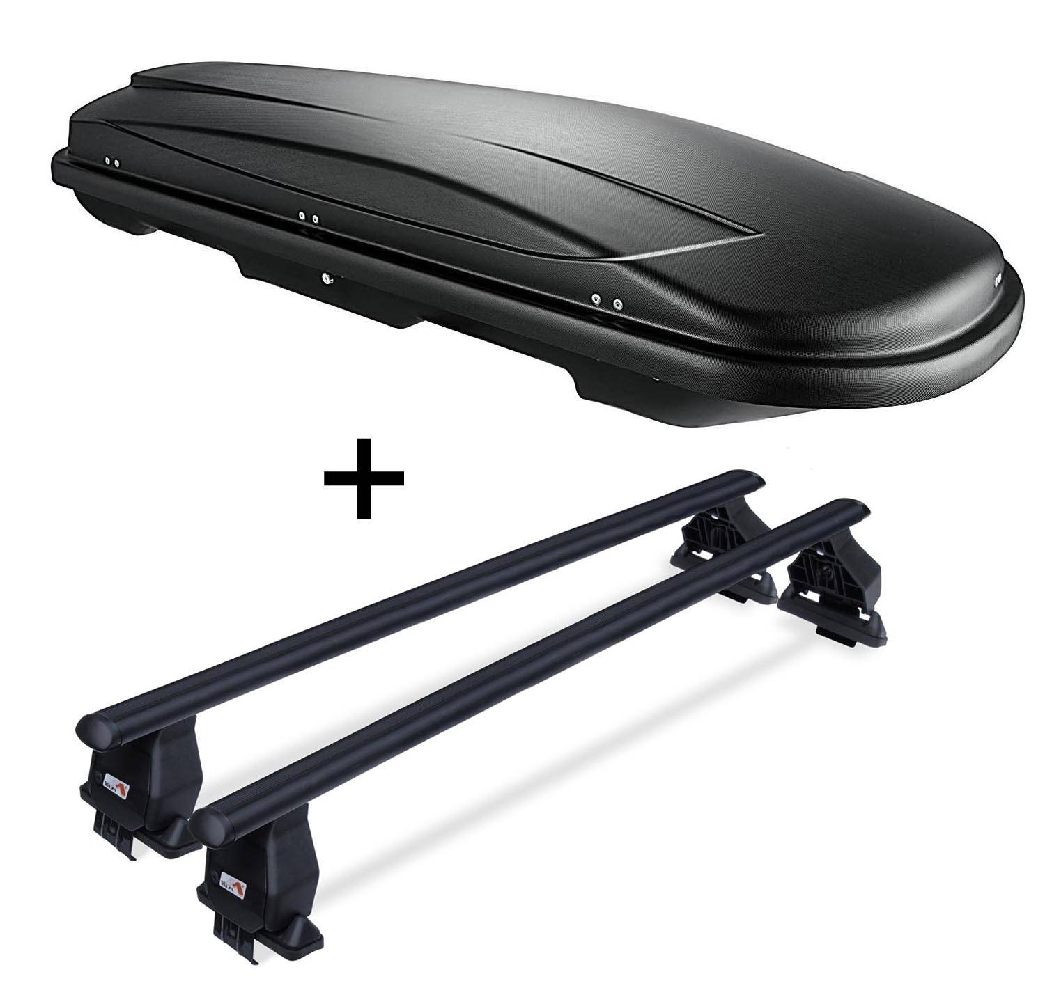 Dachbox VDP JUXT600 abschließbar 600 Ltr + Stahl Dachträger Menabo Tema kompatibel mit für Volvo V60 (Kombi 5 Türer) ab 2013