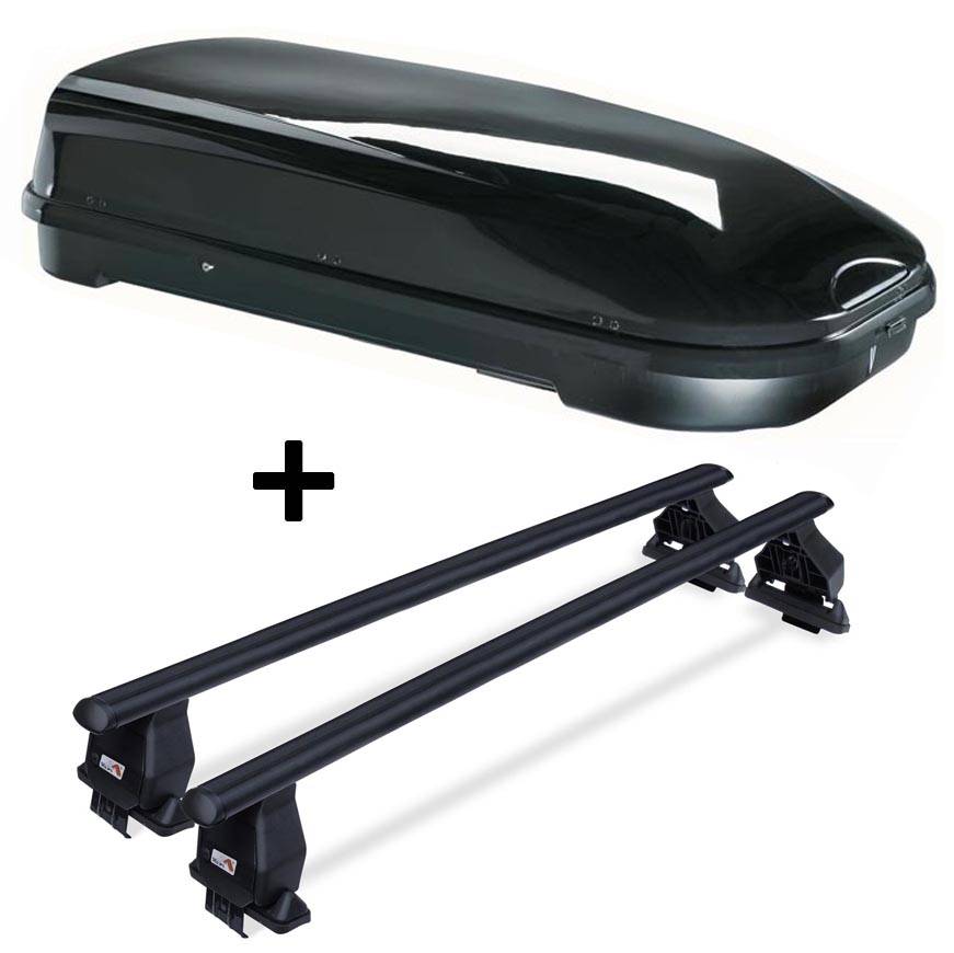 Dachbox VDPFL580 schwarz glänzend 580 Ltr + Dachträger Menabo Tema kompatibel mit für Fiat Grande Punto (Schrägheck 3Türer) 2005-2012 Stahl
