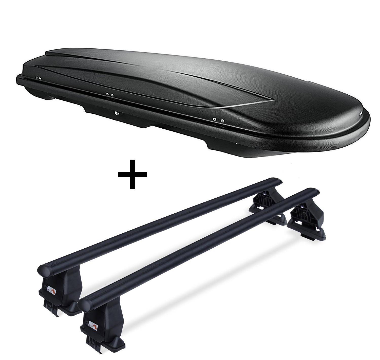 Dachbox VDP JUXT500 schwarz abschließbar 500 Ltr + Dachträger Menabo Tema kompatibel mit für Renault Clio III (Schrägheck 5 Türer) 2005-2012 Sta