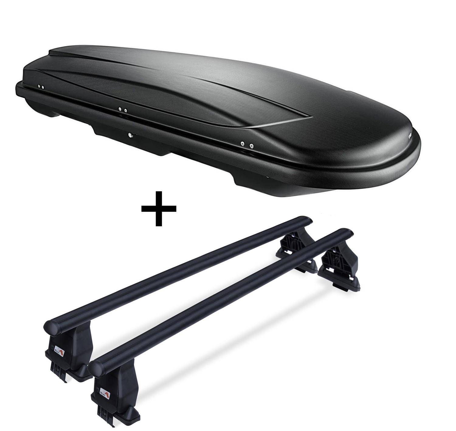 Dachbox VDPJUXT400 schwarz 400 Ltr abschließbar + Aluminium Dachträger Menabo Tema kompatibel mit für Mini Cooper S (Kombi 5 Türer) ab 2014