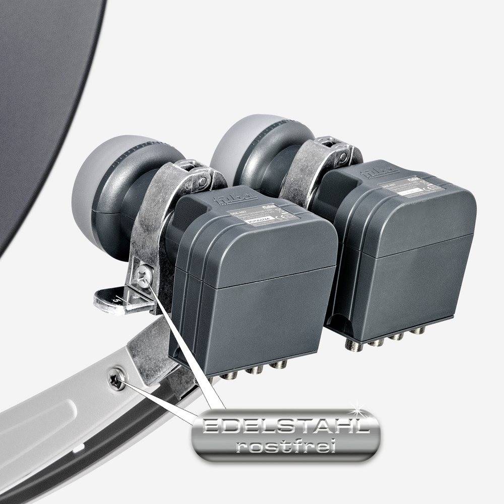 Fuba Sat Anlage 4 Teilnehmer - 2 Satelliten | Satellitenschüssel Komplettset - DAA 850 A Sat-Schüssel 85cm Alu anthrazit + 2x Quad LNB 4 Teilnehmer