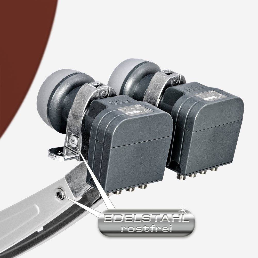 Fuba Sat Anlage 4 Teilnehmer - 2 Satelliten | Satellitenschüssel Komplettset - DAA 850 R Sat-Schüssel 85cm Alu rot + 2x Quad LNB 4 Teilnehmer + Mult