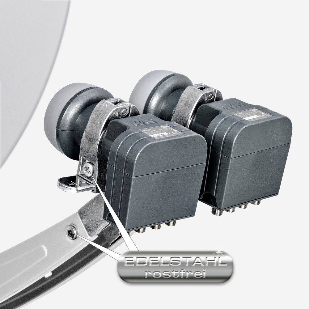 Fuba Sat Anlage 4 Teilnehmer - 2 Satelliten | Satellitenschüssel Komplettset - DAA 850 G Sat-Schüssel 85cm Alu hellgrau + 2x Quad LNB 4 Teilnehmer