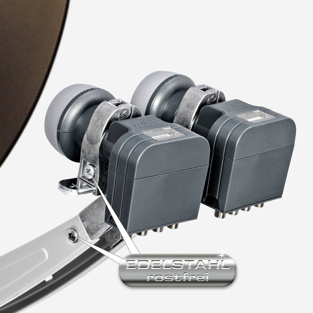 Fuba Sat Anlage 4 Teilnehmer - 2 Satelliten | Satellitenschüssel Komplettset - DAA 850 B Sat-Schüssel 85cm Alu braun + 2x Quad LNB 4 Teilnehmer + Mu