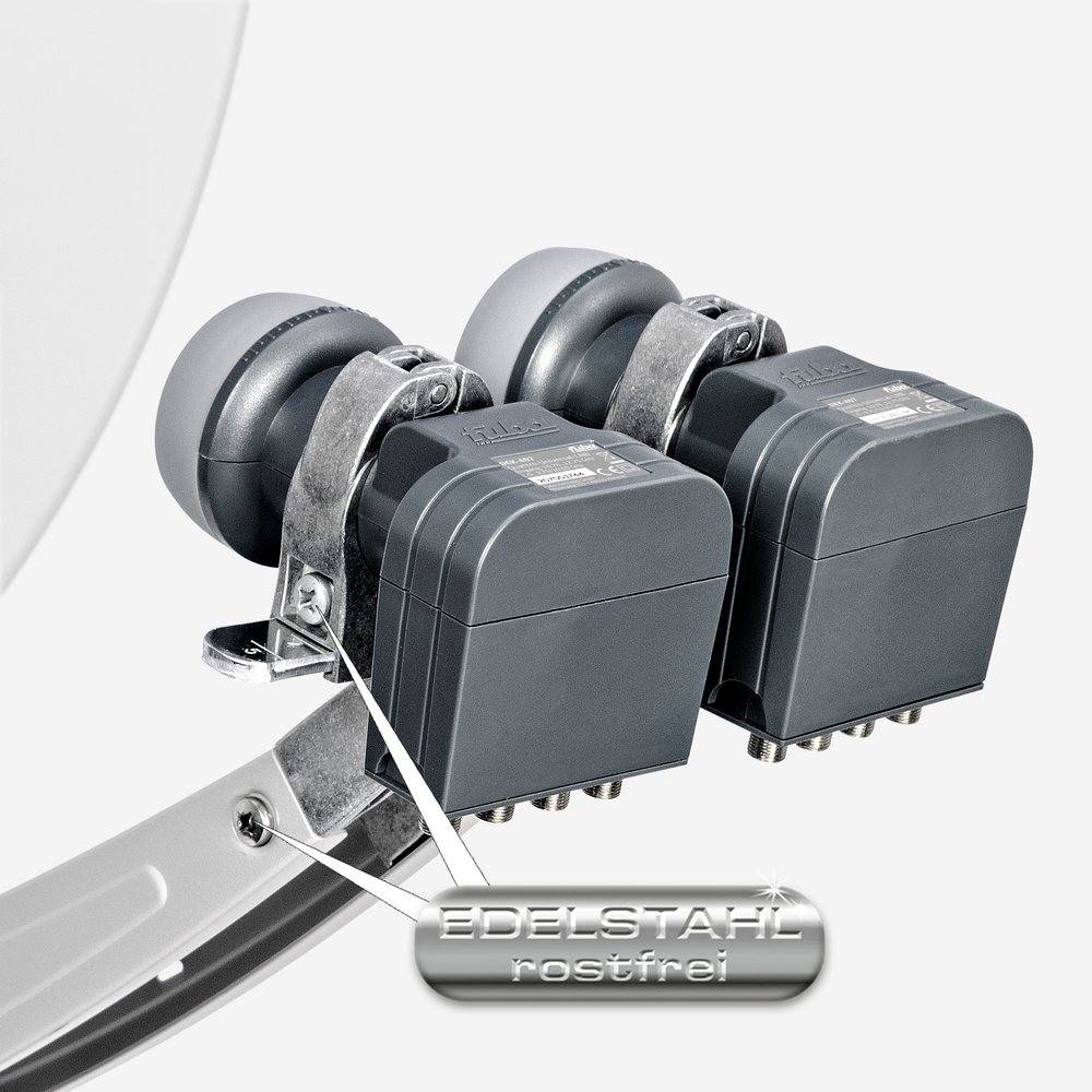 Fuba Sat Anlage 4 Teilnehmer - 2 Satelliten | Satellitenschüssel Komplettset - DAA 850 W Sat-Schüssel 85cm Alu weiß + 2x Quad LNB 4 Teilnehmer + Mu