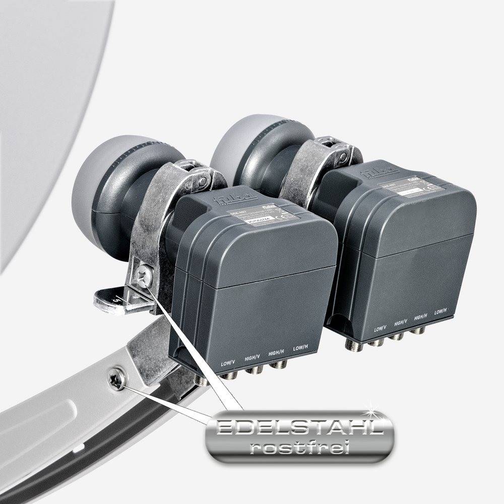 Fuba Sat Anlage 16 Teilnehmer - 2 Satelliten (z.B. Astra/Hotbird) | Satellitenschüssel Komplettset - DAA 850 G Sat-Schüssel 85cm Alu hellgrau + 2x