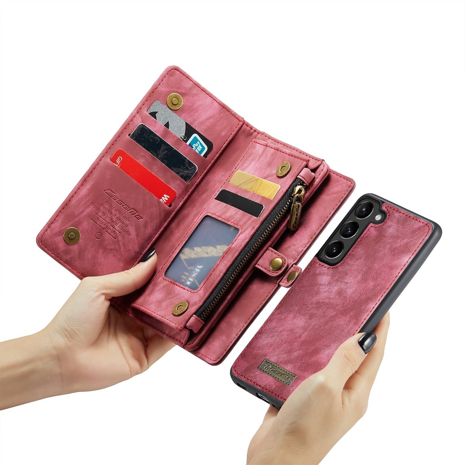 Für Samsung Galaxy S24 Plus CaseMe Kunstleder Multifunktion Zipper Wallet Tasche Rot