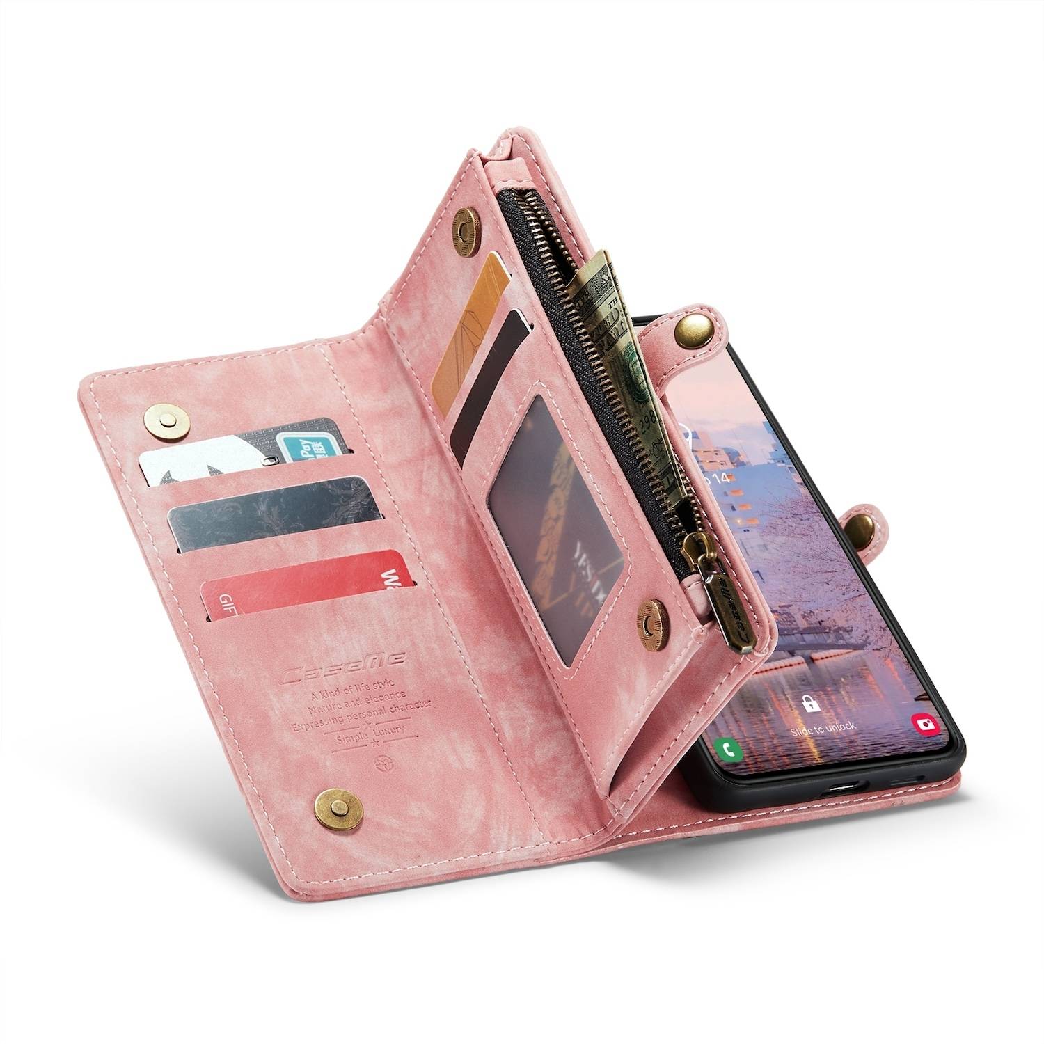 Für Samsung Galaxy S24 Plus CaseMe Kunstleder Multifunktion Zipper Wallet Tasche Pink