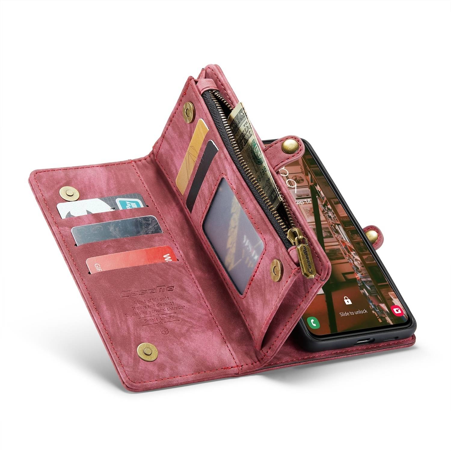Für Samsung Galaxy S24 Plus CaseMe Kunstleder Multifunktion Zipper Wallet Tasche Rot