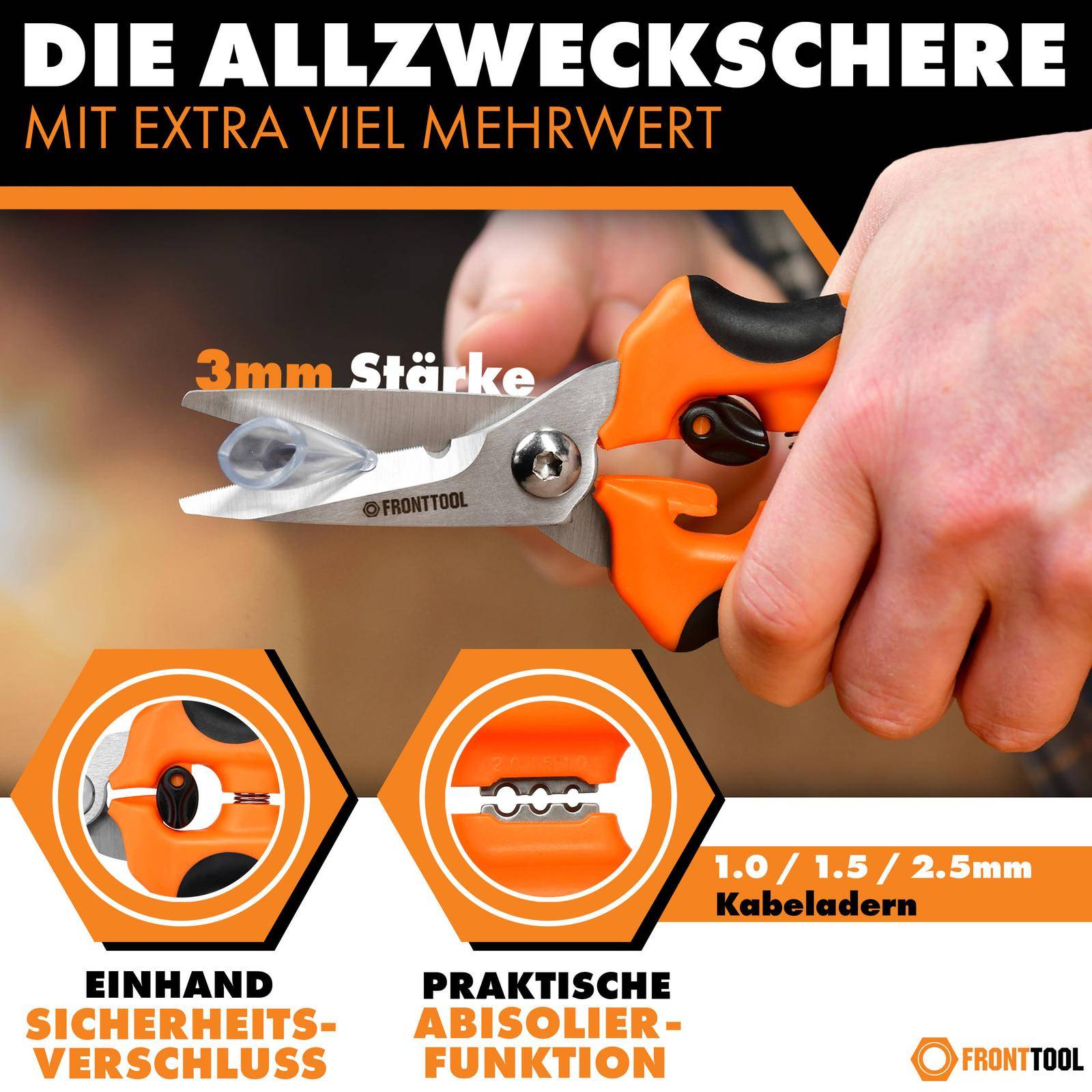 FRONTTOOL Universalschere mit Abisolier-Funktion
