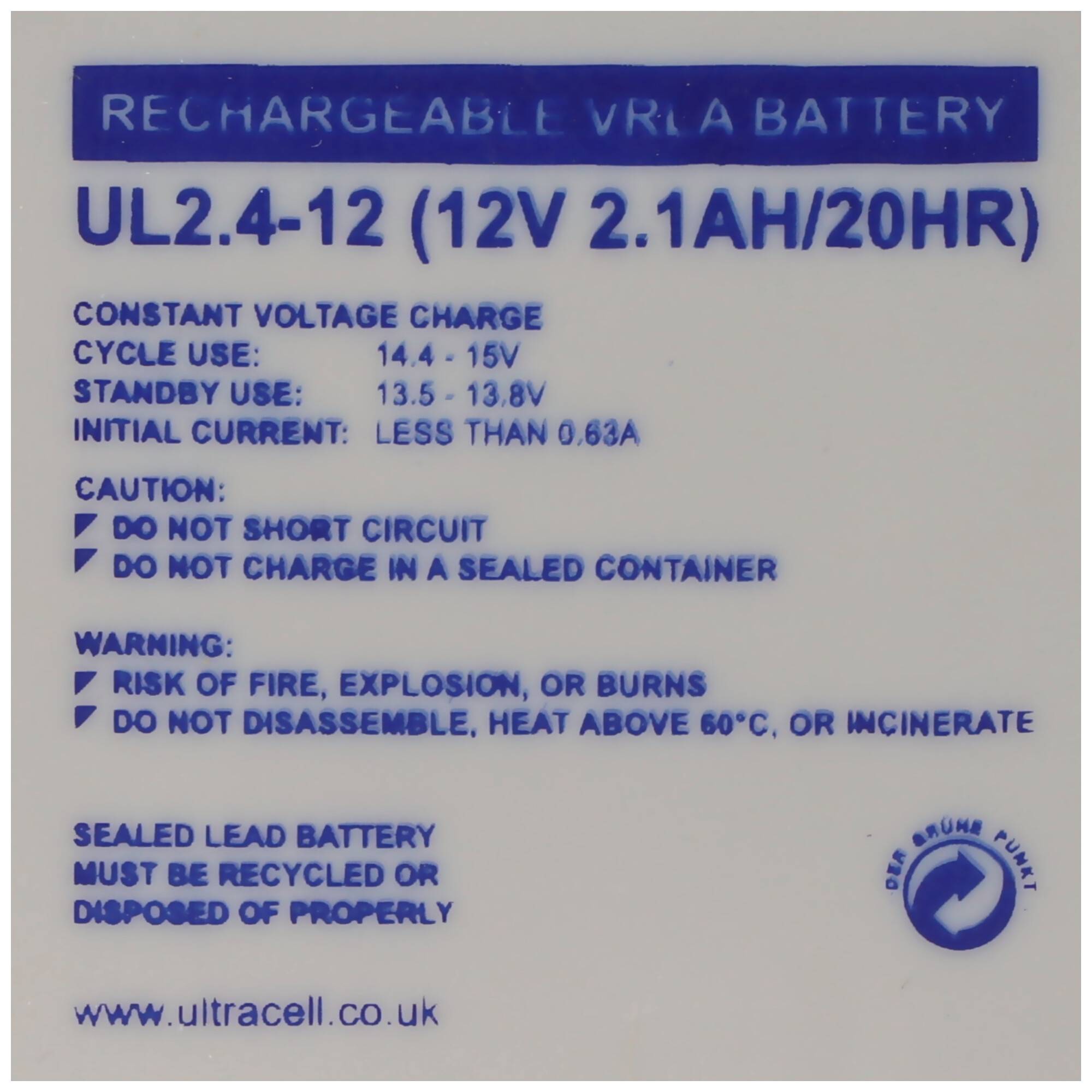 Ultracell UL2.4-12 Blei-Akku 12 Volt 2,1 Ah, Faston 187, 4,8mm