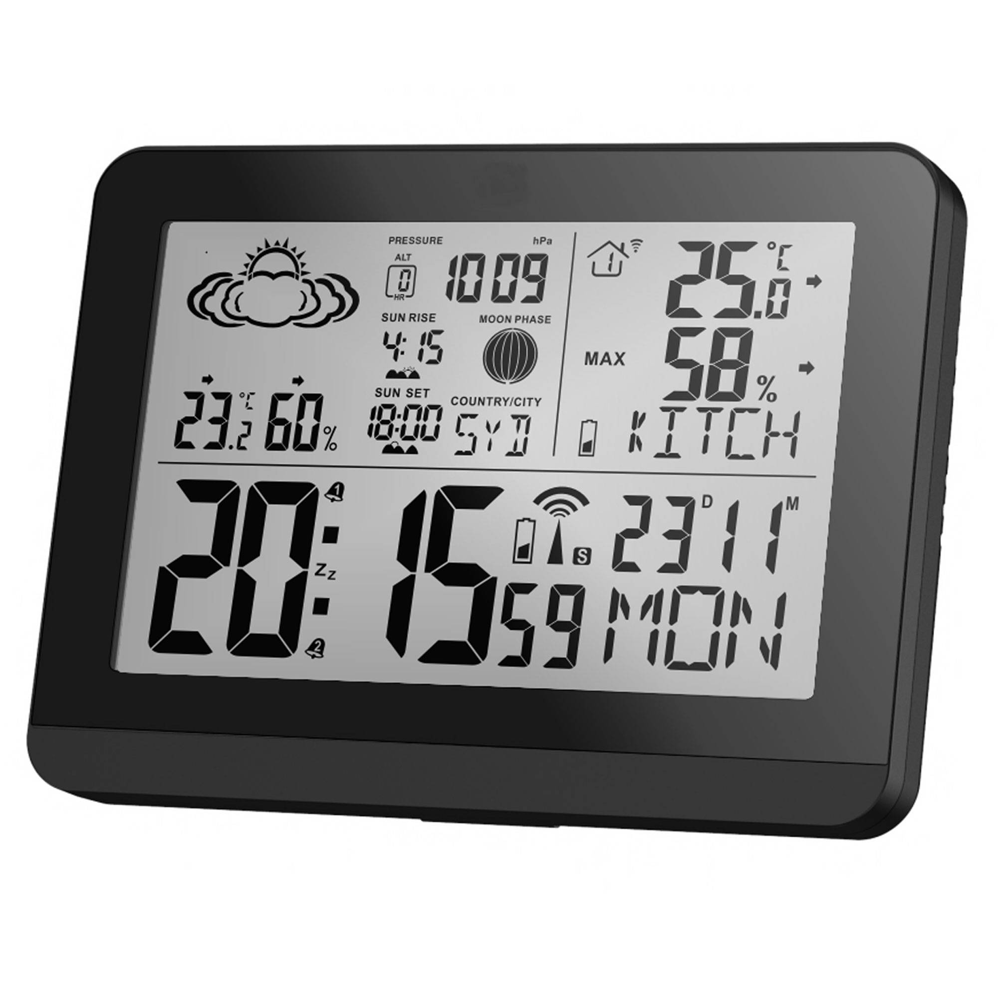 Moderne Design Funk-Wetterstation mit Aussensensor bennenbar Mondphase Sonnenaufgang Sonnenuntergang 2 Alarme Hygrometer Temperaturanzeige