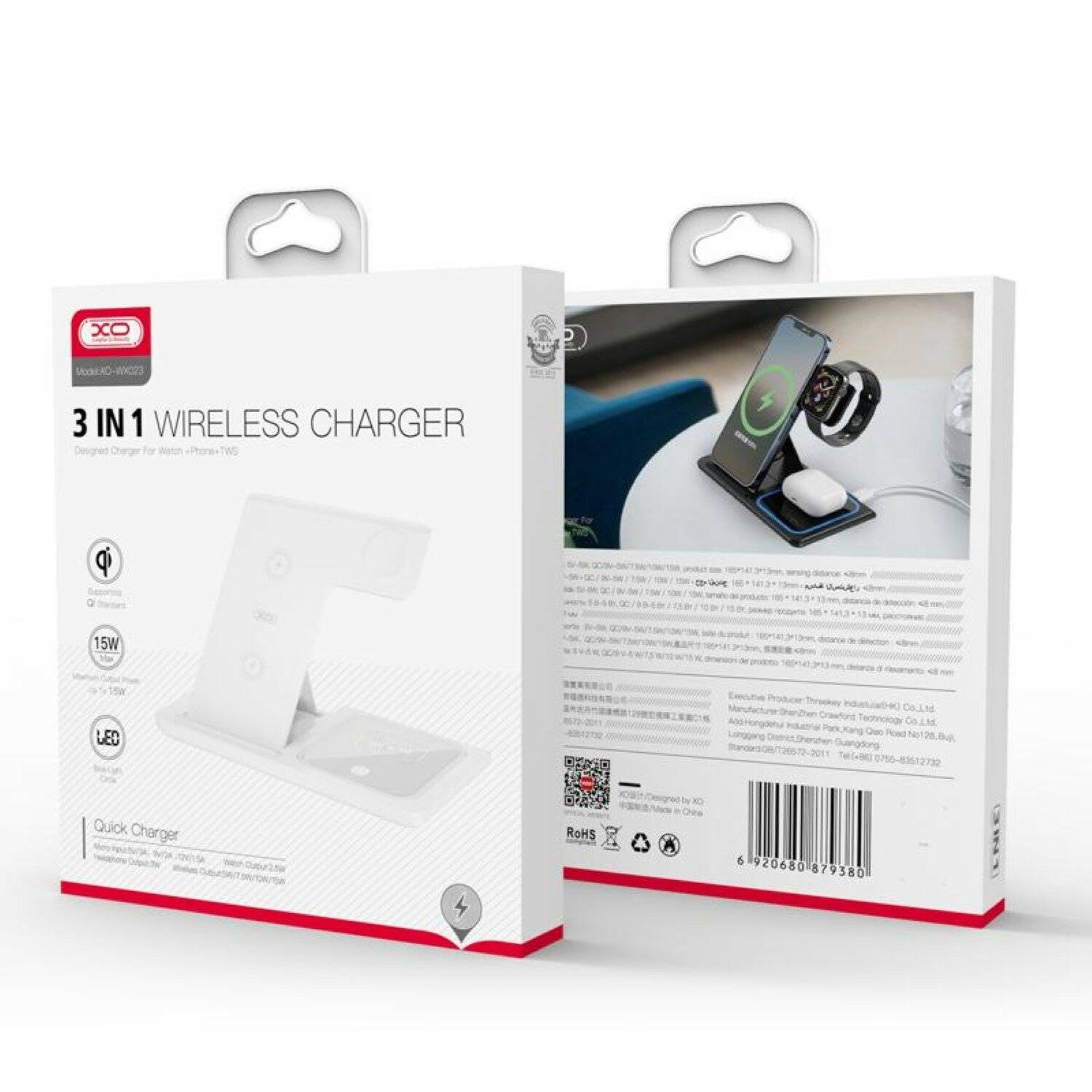 XO 3 in 1 wireless charger WX023 15W Kabelloses Aufladen Schnelladefunktion Weiß