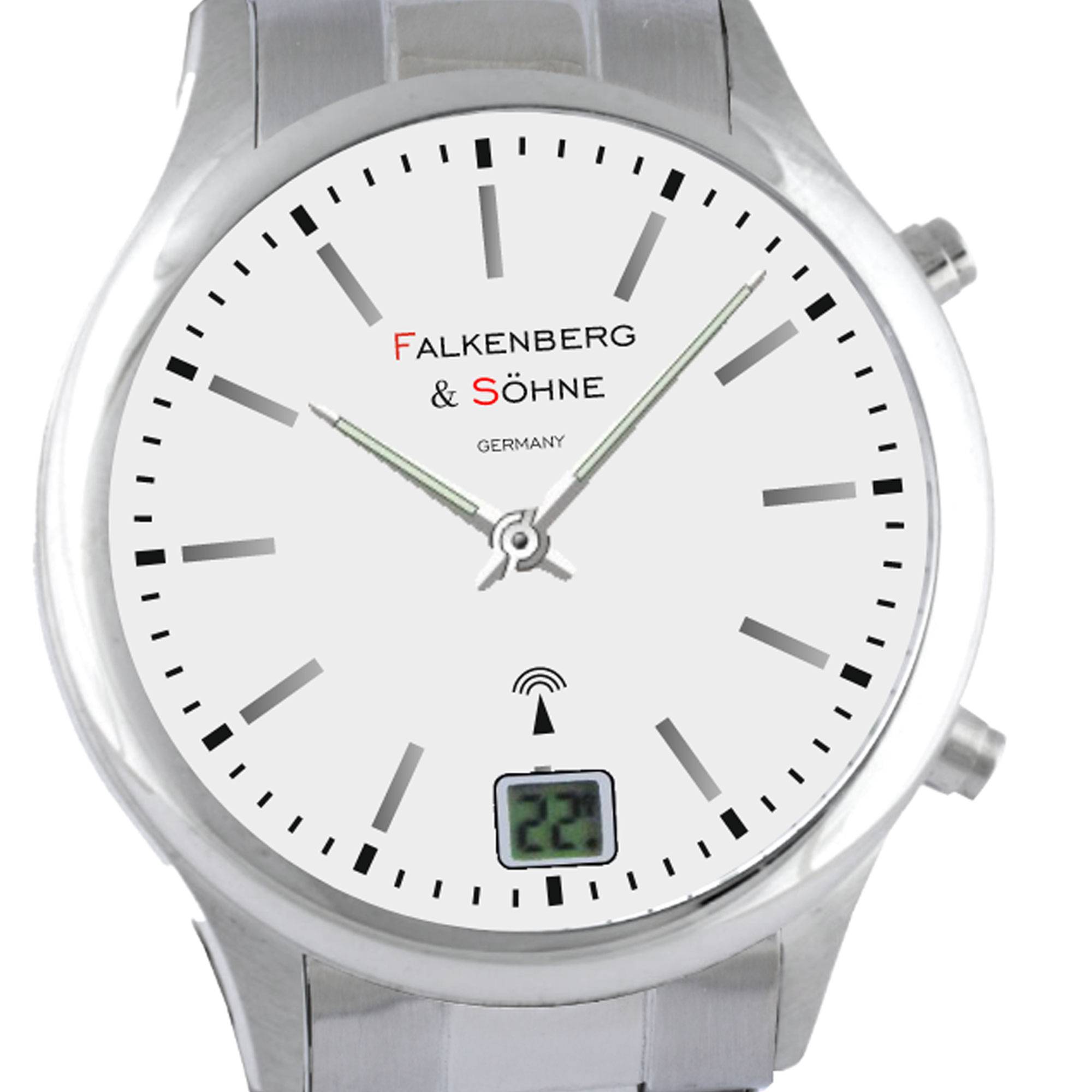 Falkenberg & Söhne Funkarmbanduhr japanisches Quarzuhrwerk Funkuhr 41 mm Edelstahl 20 mm Funksignal DCF77 Herrenarmbanduhr Damenarmbanduhr Digitale